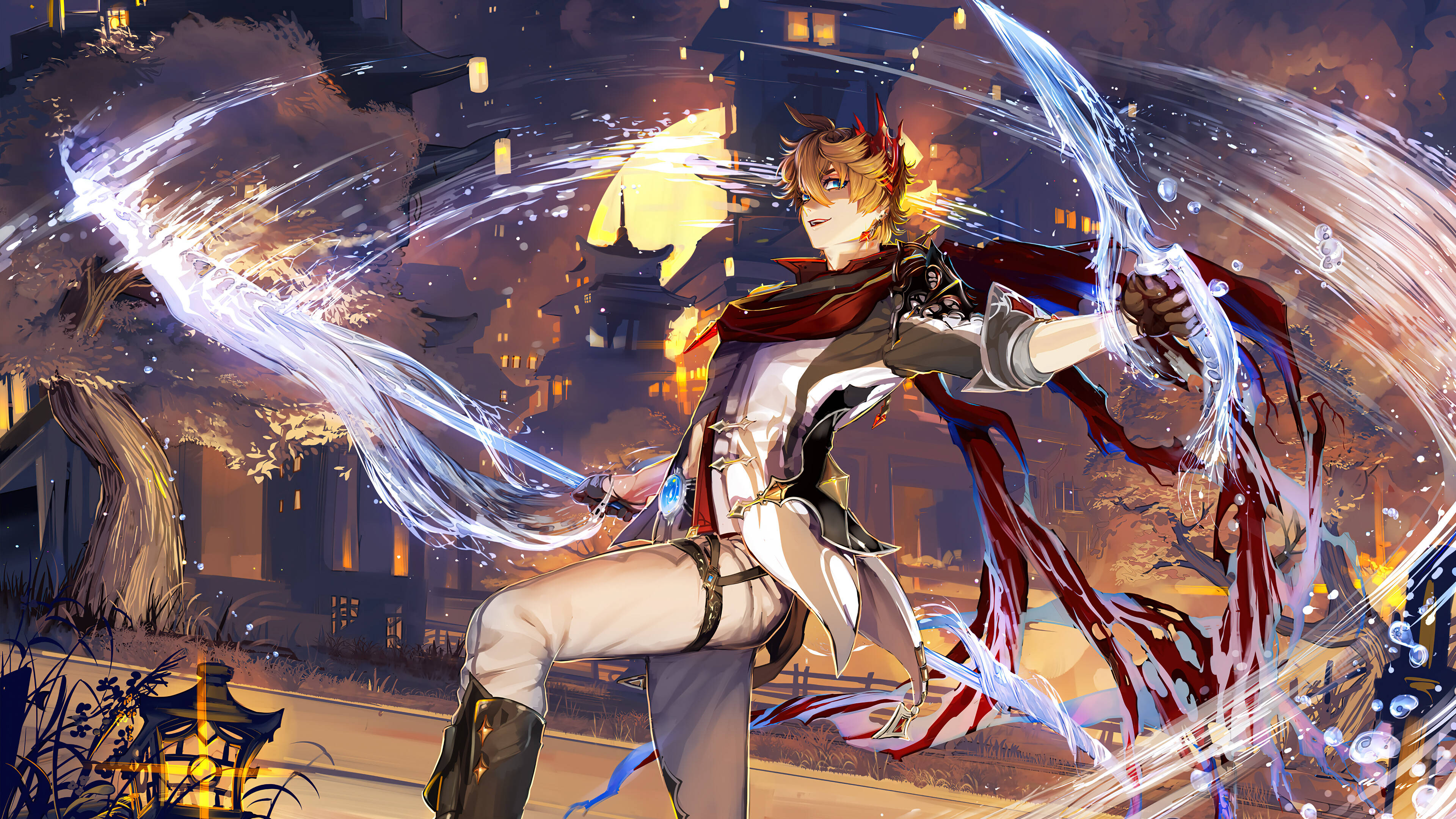 Genshin Impact, two swords, twilight cityscape, 4K Desktop Wallpaper