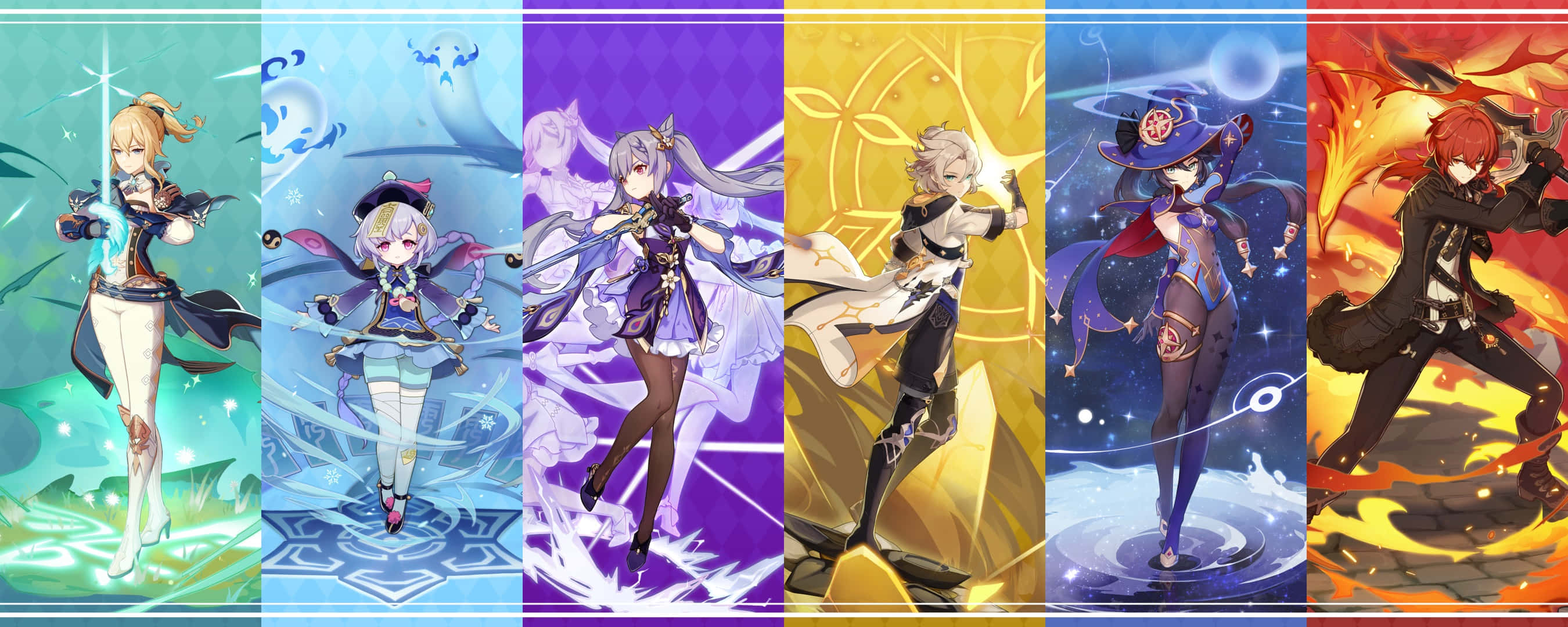 Genshin Impact, anime characters, glowing elemental effects, 2K Desktop Wallpaper