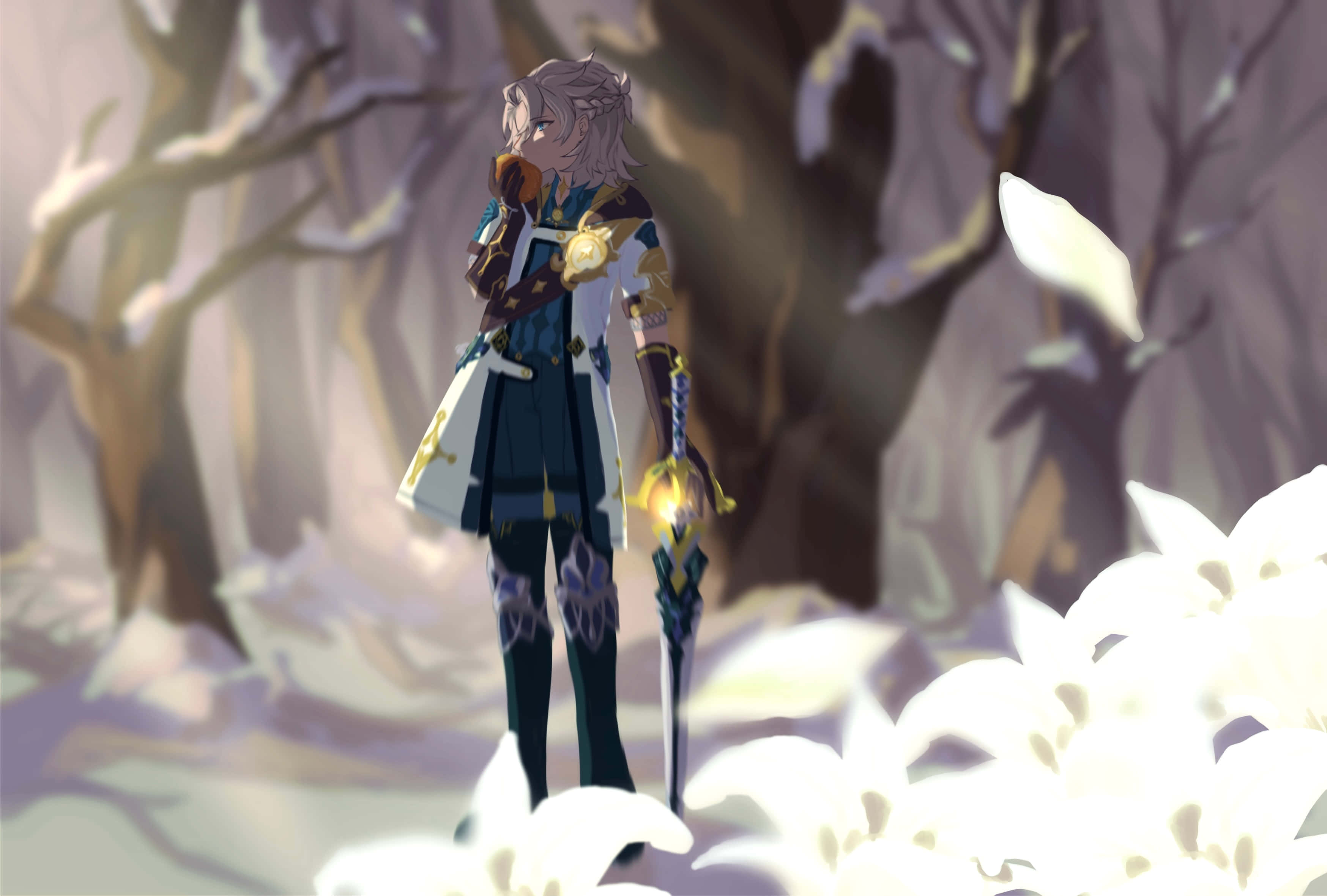 Genshin Impact Albedo, silver-haired anime character, ornate blue and gold armor, 2K Desktop Wallpaper