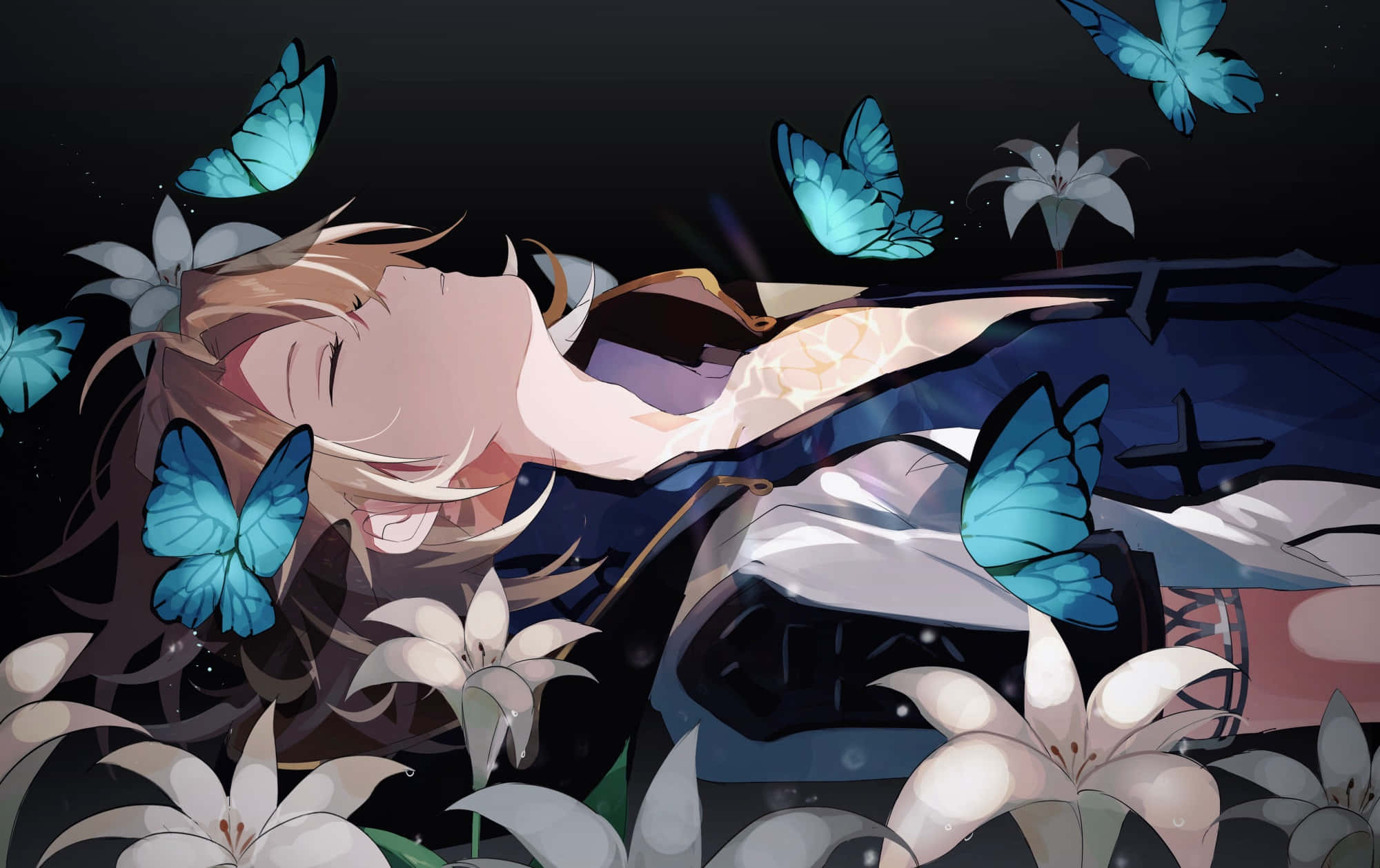 Genshin Impact, Albedo, glowing blue butterflies, Full HD Desktop Wallpaper