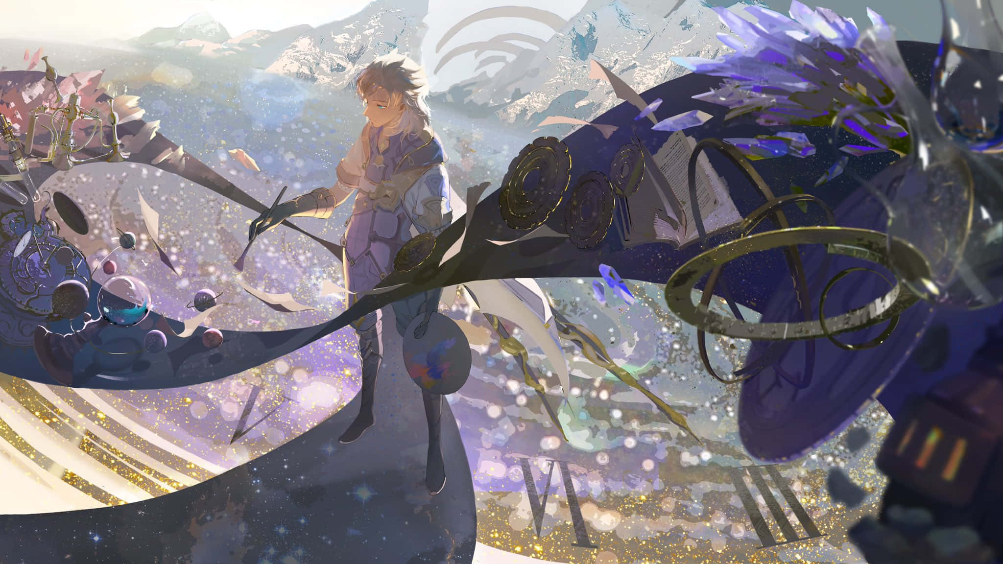Genshin Impact, Albedo, giant broken clock, Full HD Desktop Wallpaper
