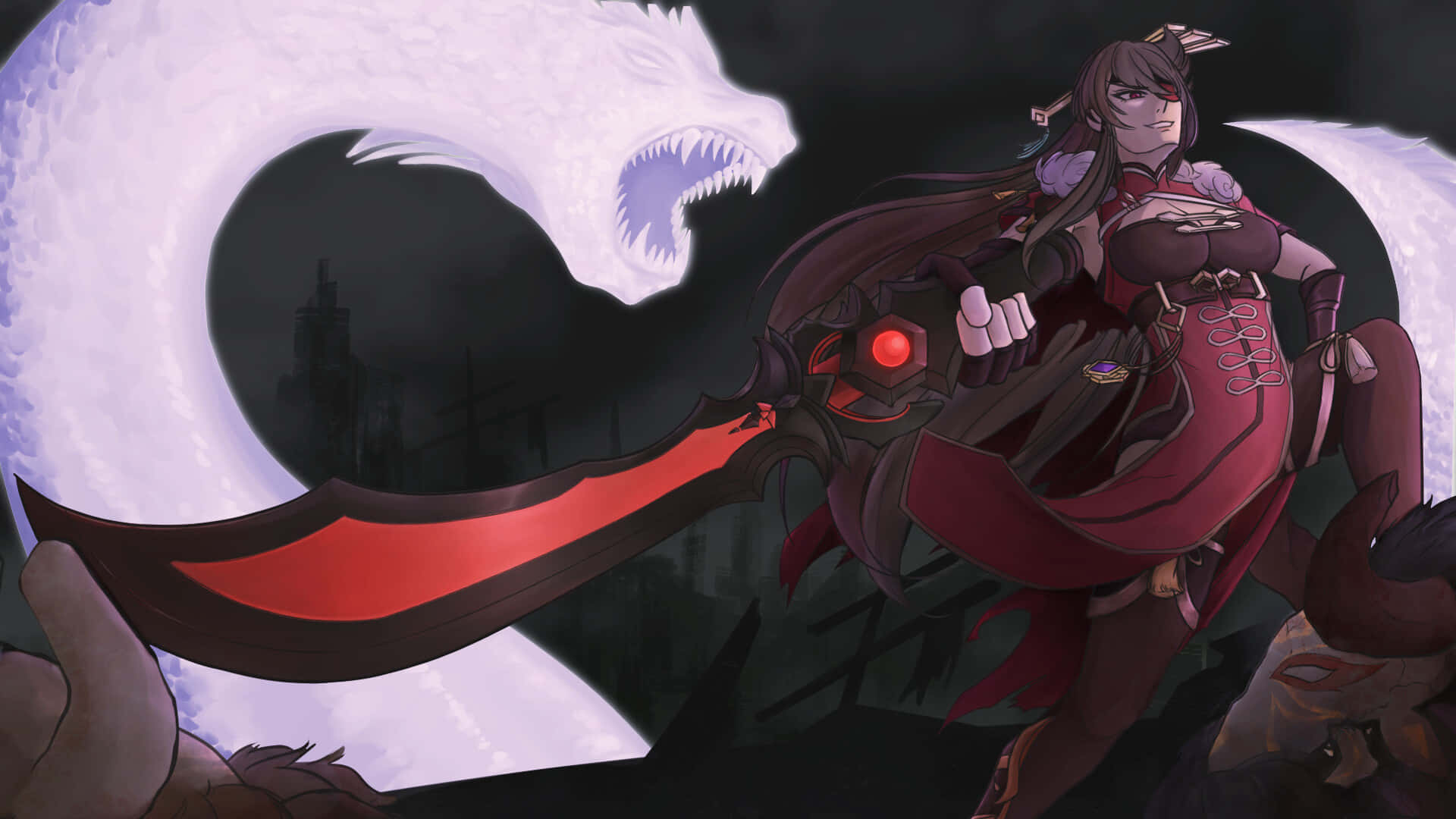 Genshin Impact, Beidou, red armor, Full HD Desktop Wallpaper