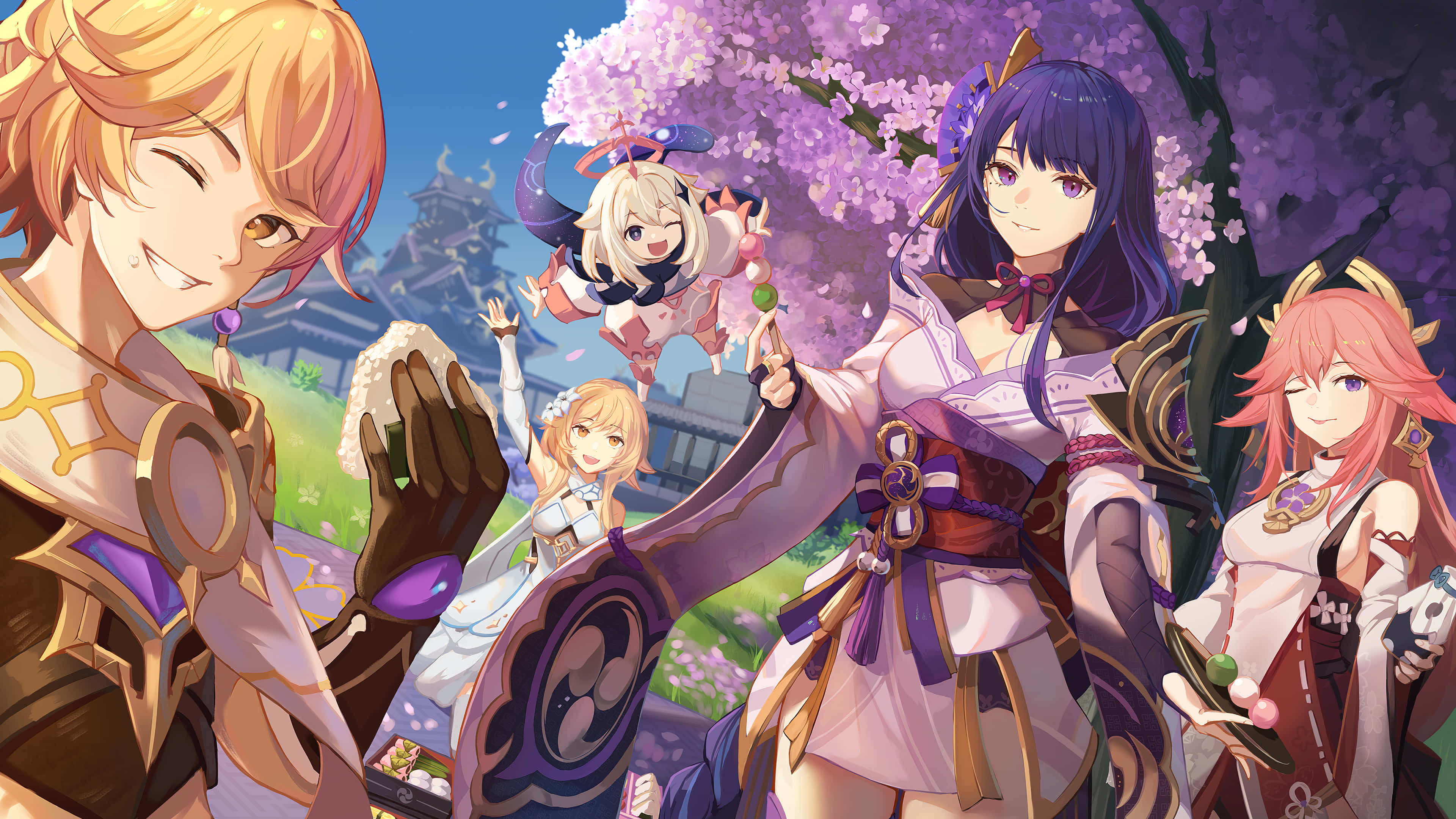 Genshin Impact Characters, cherry blossoms, vibrant fantasy setting, 4K Desktop Wallpaper