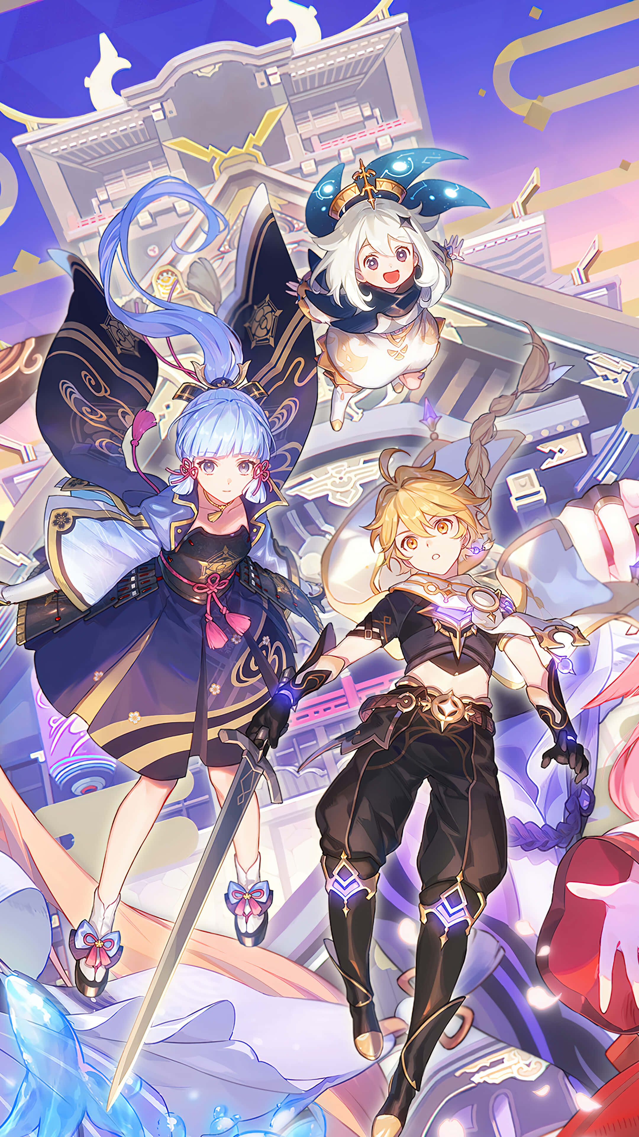 Genshin Impact Characters, floating architecture, vibrant purple sky, 4K Phone Wallpaper