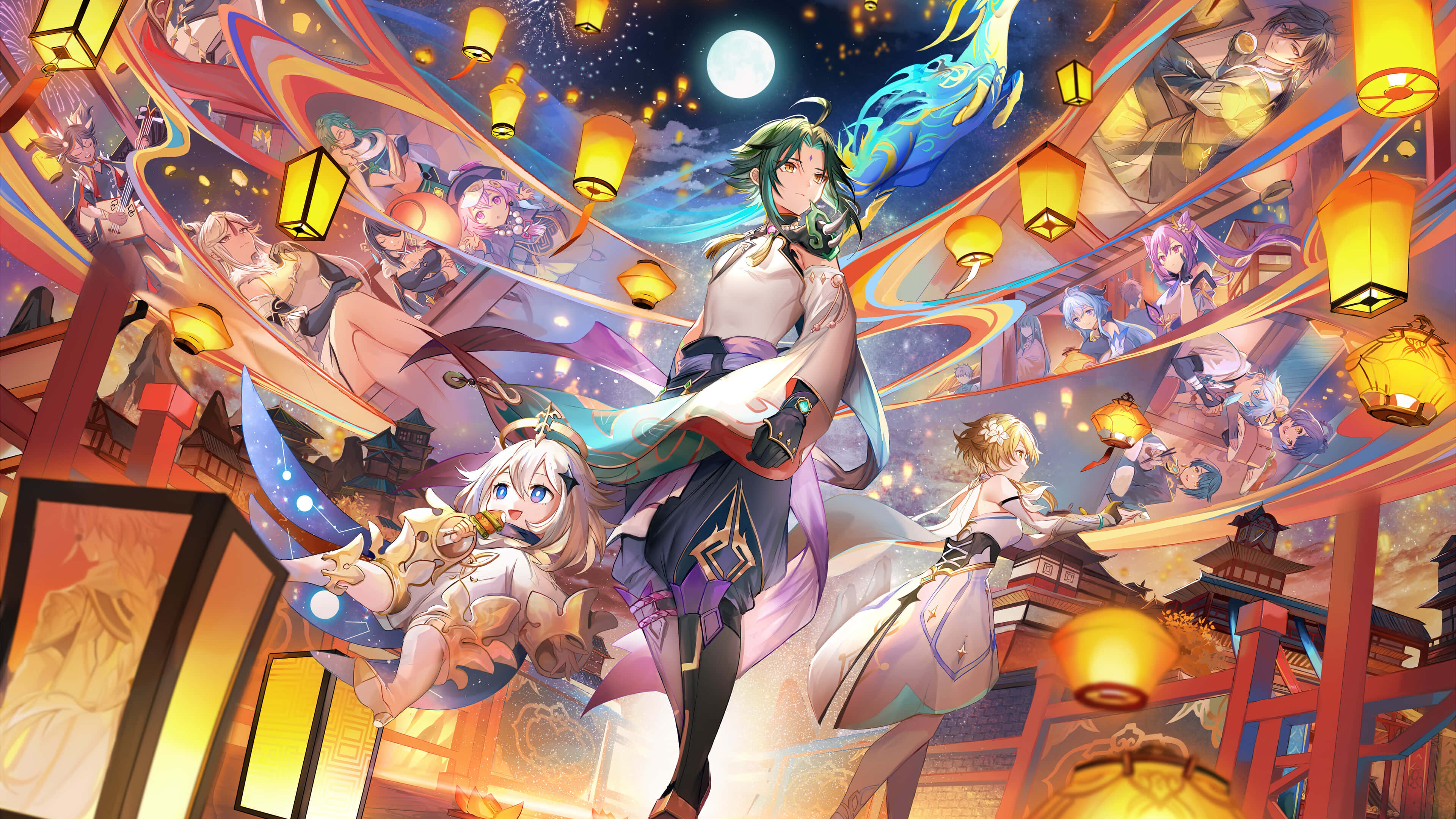 Genshin Impact Characters, anime characters, glowing lanterns, 4K Desktop Wallpaper