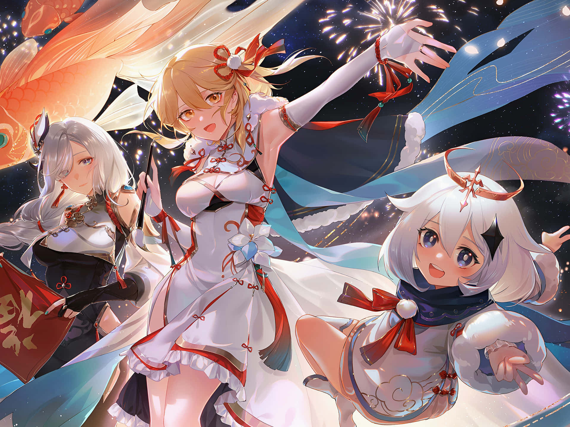 Genshin Impact Characters, festive traditional outfits, sparkling fireworks, Full HD Desktop Wallpaper