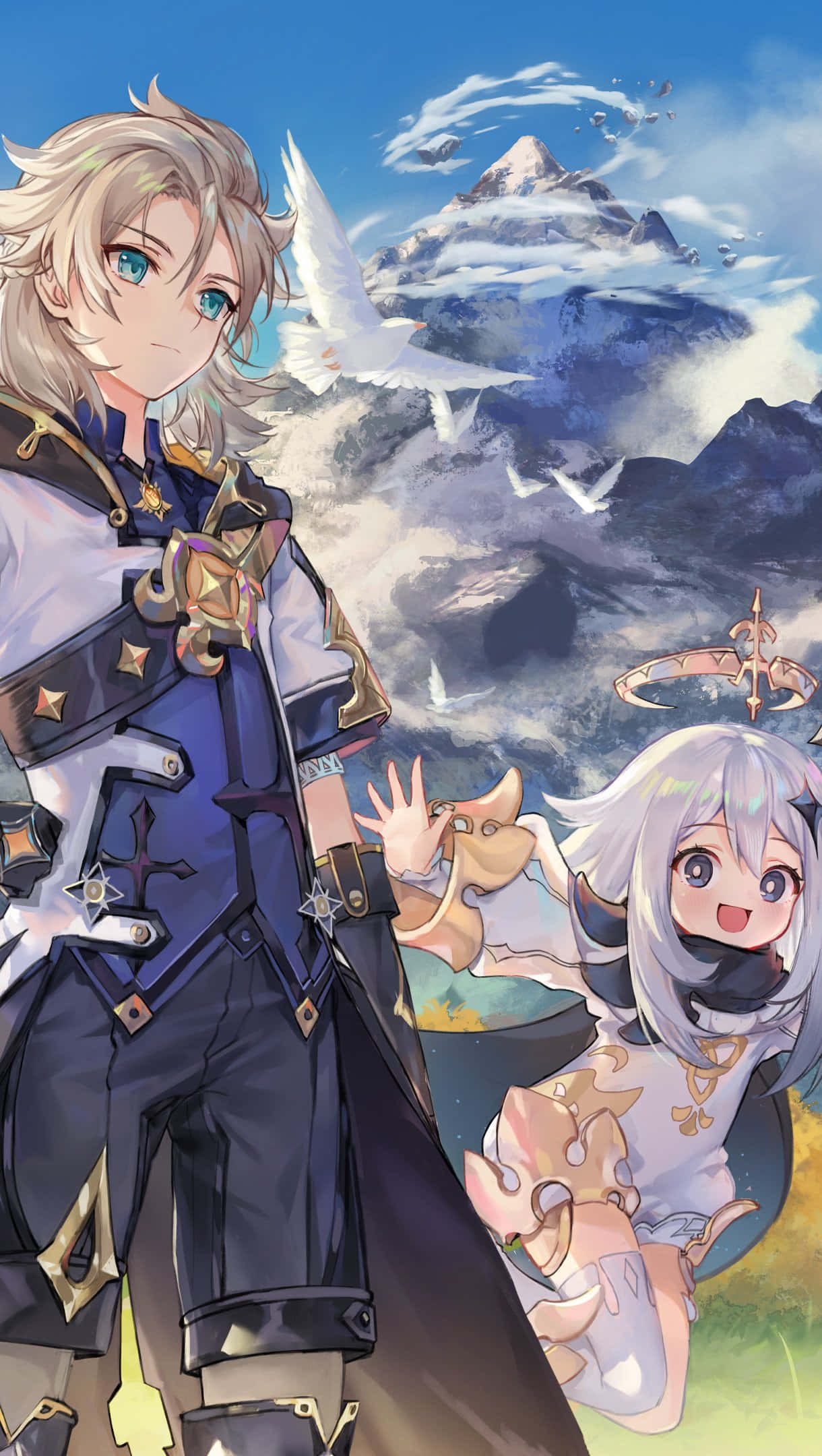 Genshin Impact Characters, snow-capped mountain range, white birds, Full HD Phone Wallpaper