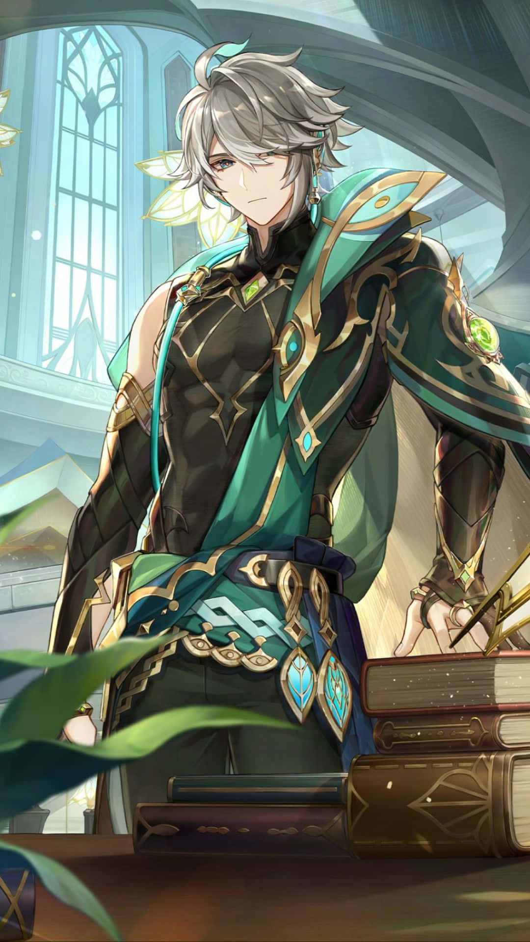 Genshin Impact Characters, silver-haired anime character, ornate green and gold armor, Full HD Phone Wallpaper