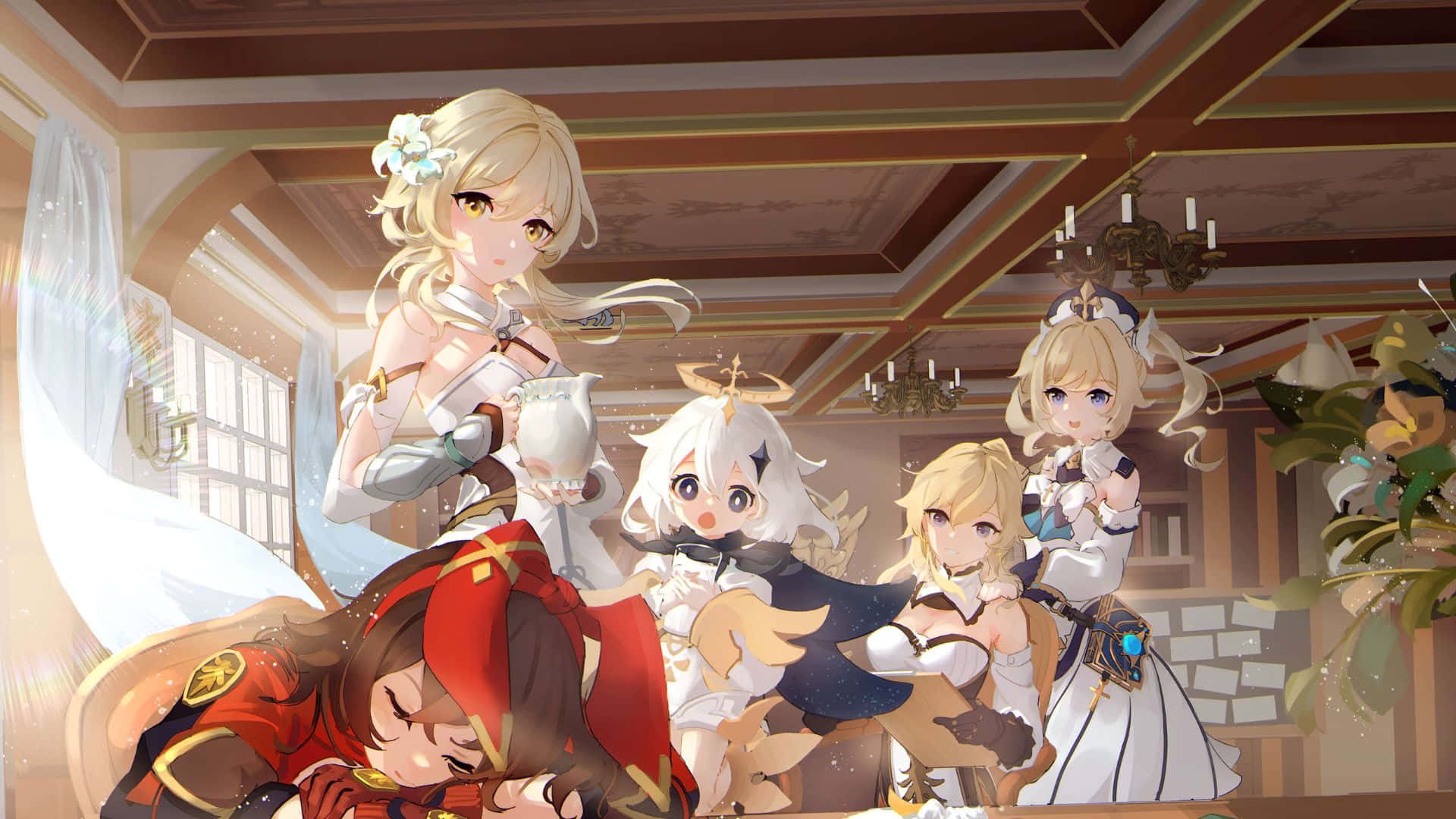 Genshin Impact Characters, anime girls, grand sunlit room, Full HD Desktop Wallpaper