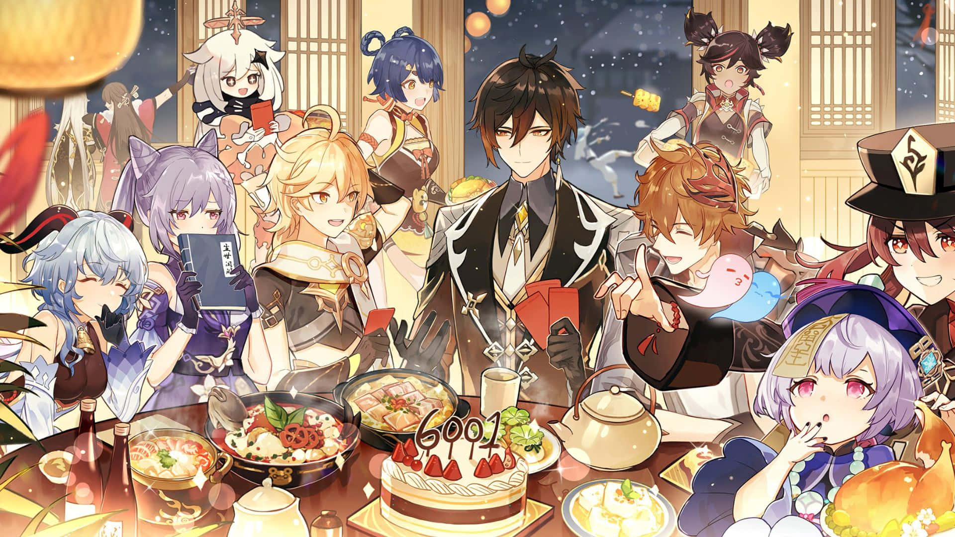 Genshin Impact Characters, anime group, festive table, Full HD Desktop Wallpaper