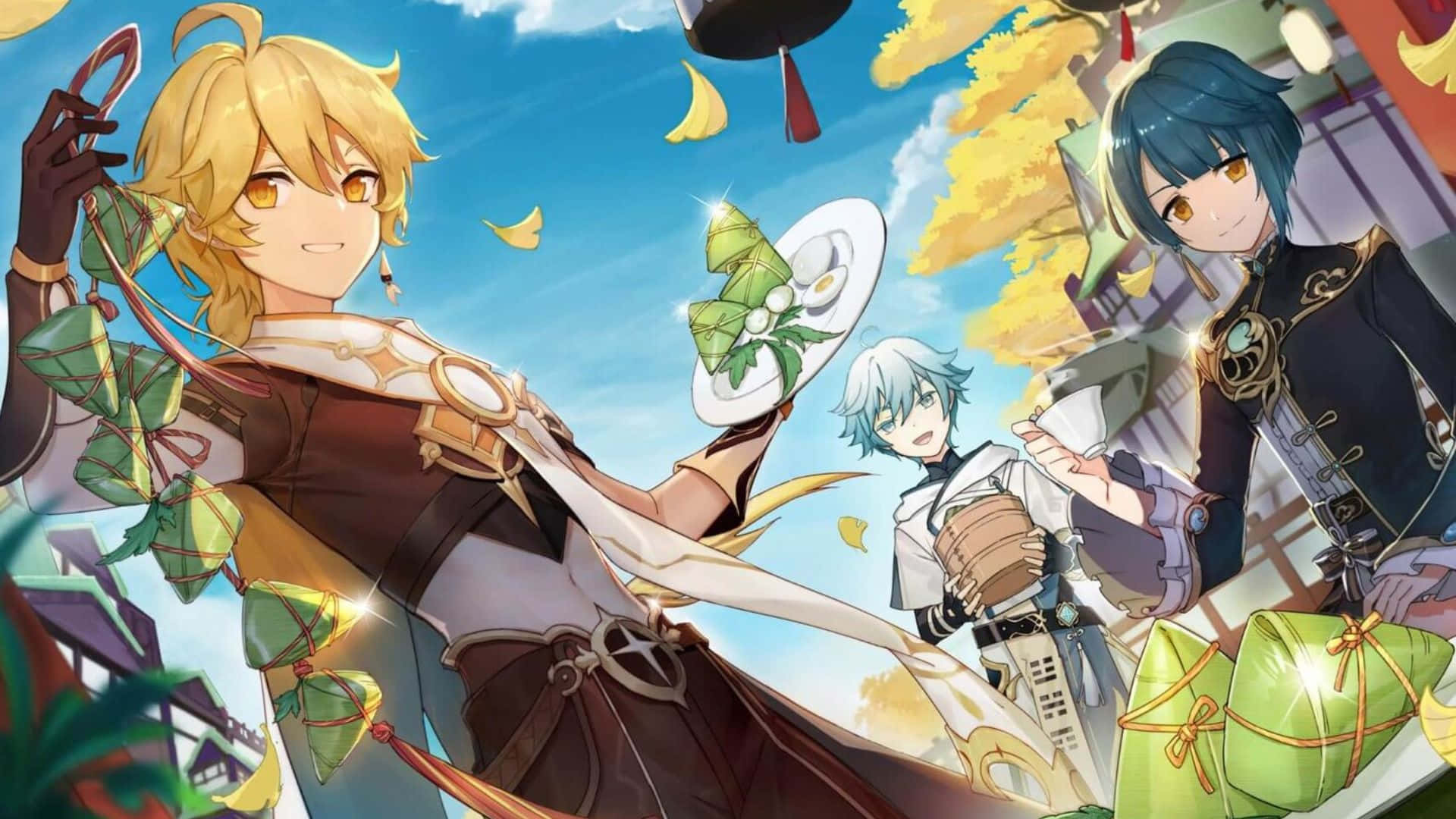 Genshin Impact Characters, bright blue sky, falling yellow leaves, Full HD Desktop Wallpaper