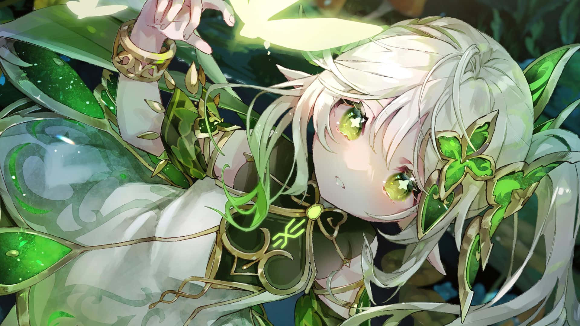 Genshin Impact Characters, white hair, glowing green eyes, Full HD Desktop Wallpaper