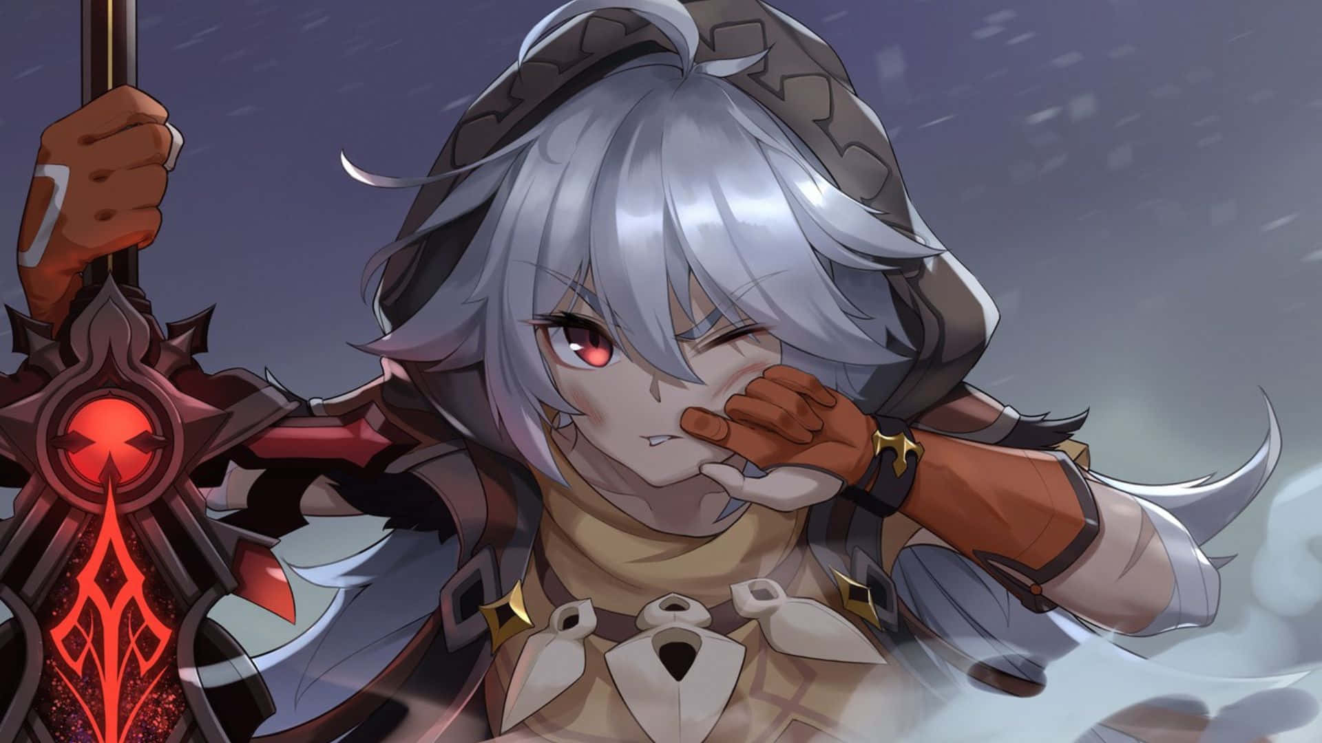 Genshin Impact, silver-haired anime warrior, red eyes, Full HD Desktop Wallpaper
