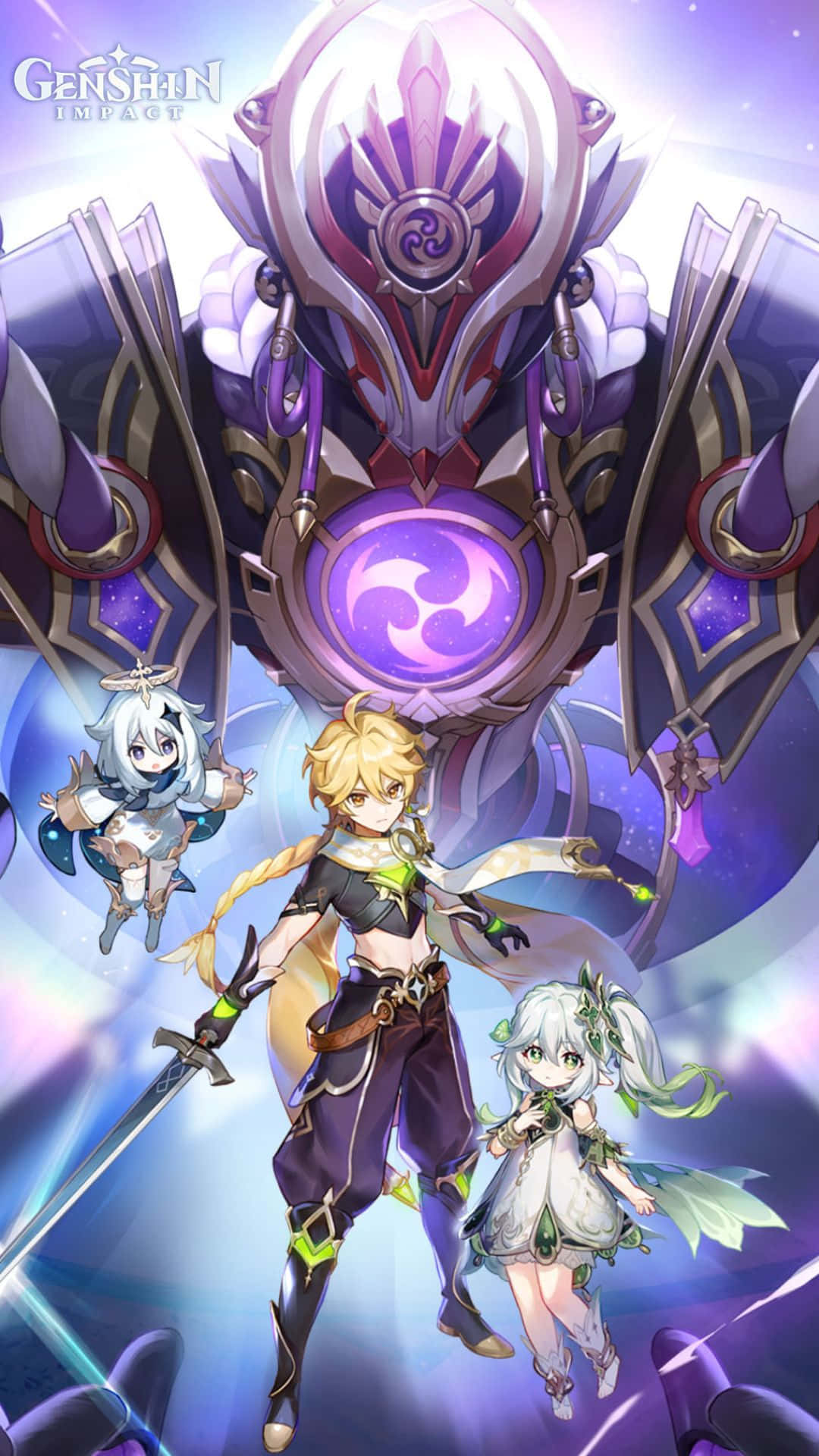Genshin Impact Characters, purple and silver mechanical god, glowing cosmic setting, Full HD Phone Wallpaper
