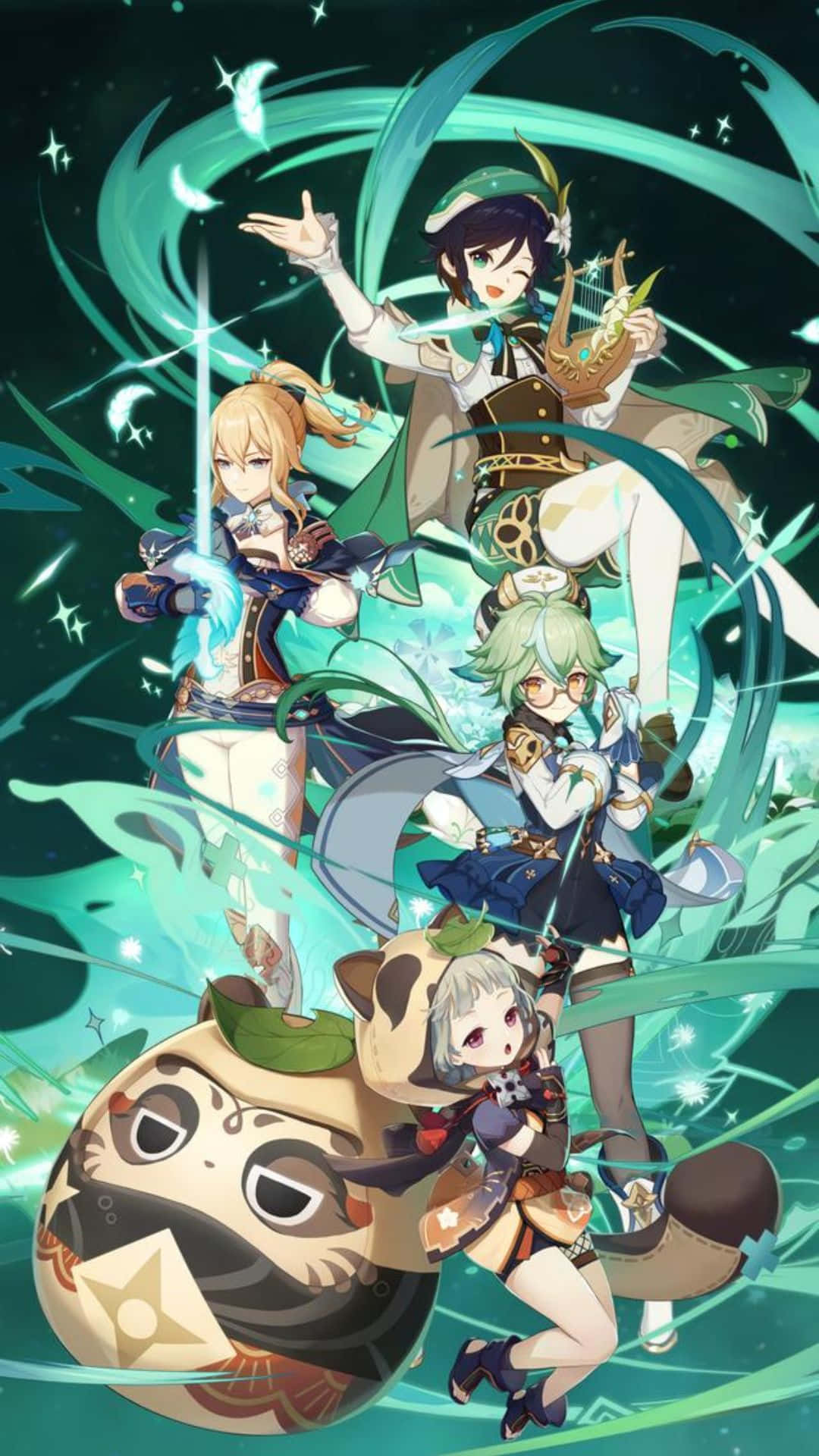 Genshin Impact Characters, glowing green energy swirls, starry background, Full HD Phone Wallpaper
