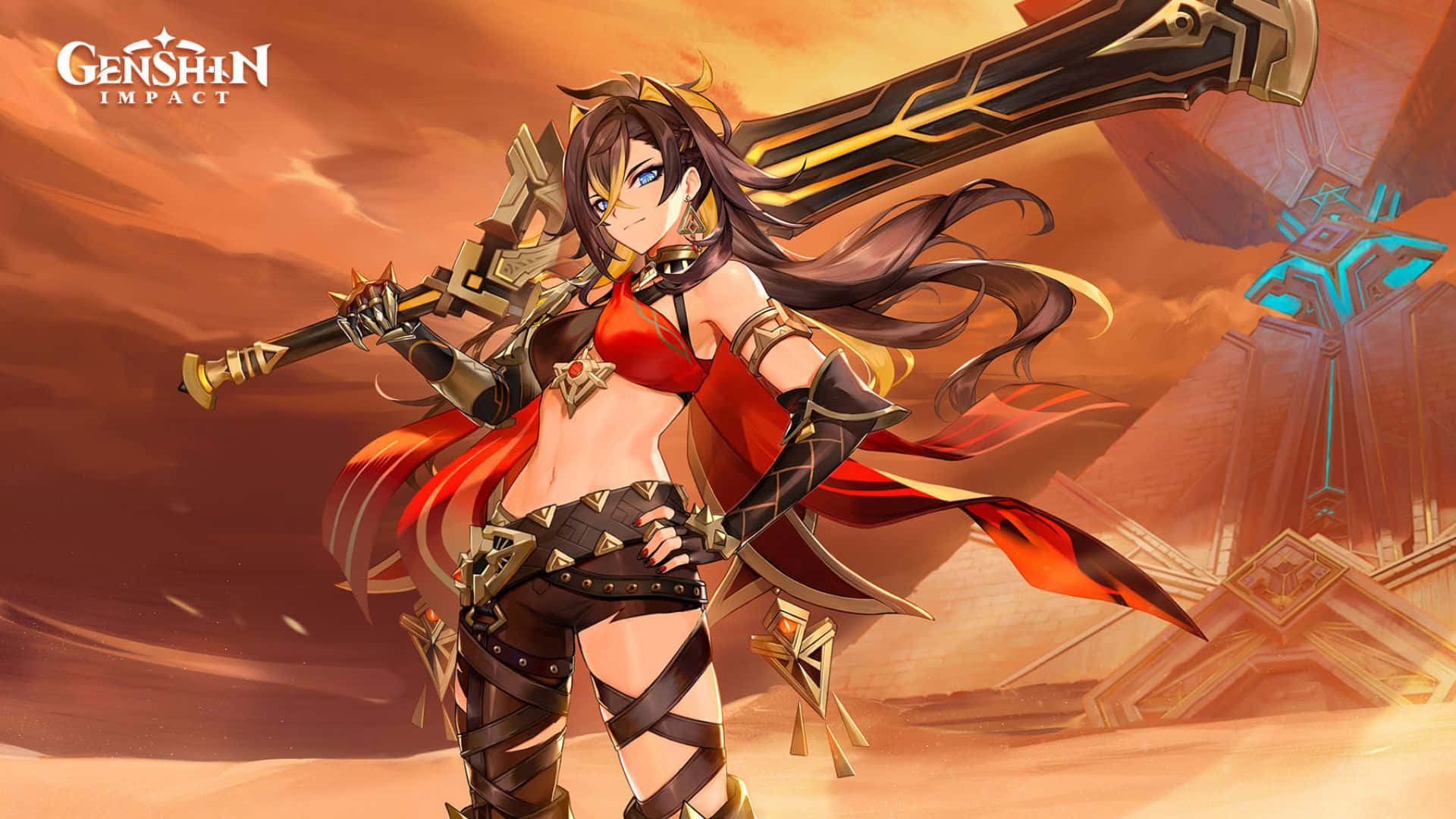 Genshin Impact Characters, fiery-haired warrior, red and gold armor, Full HD Desktop Wallpaper