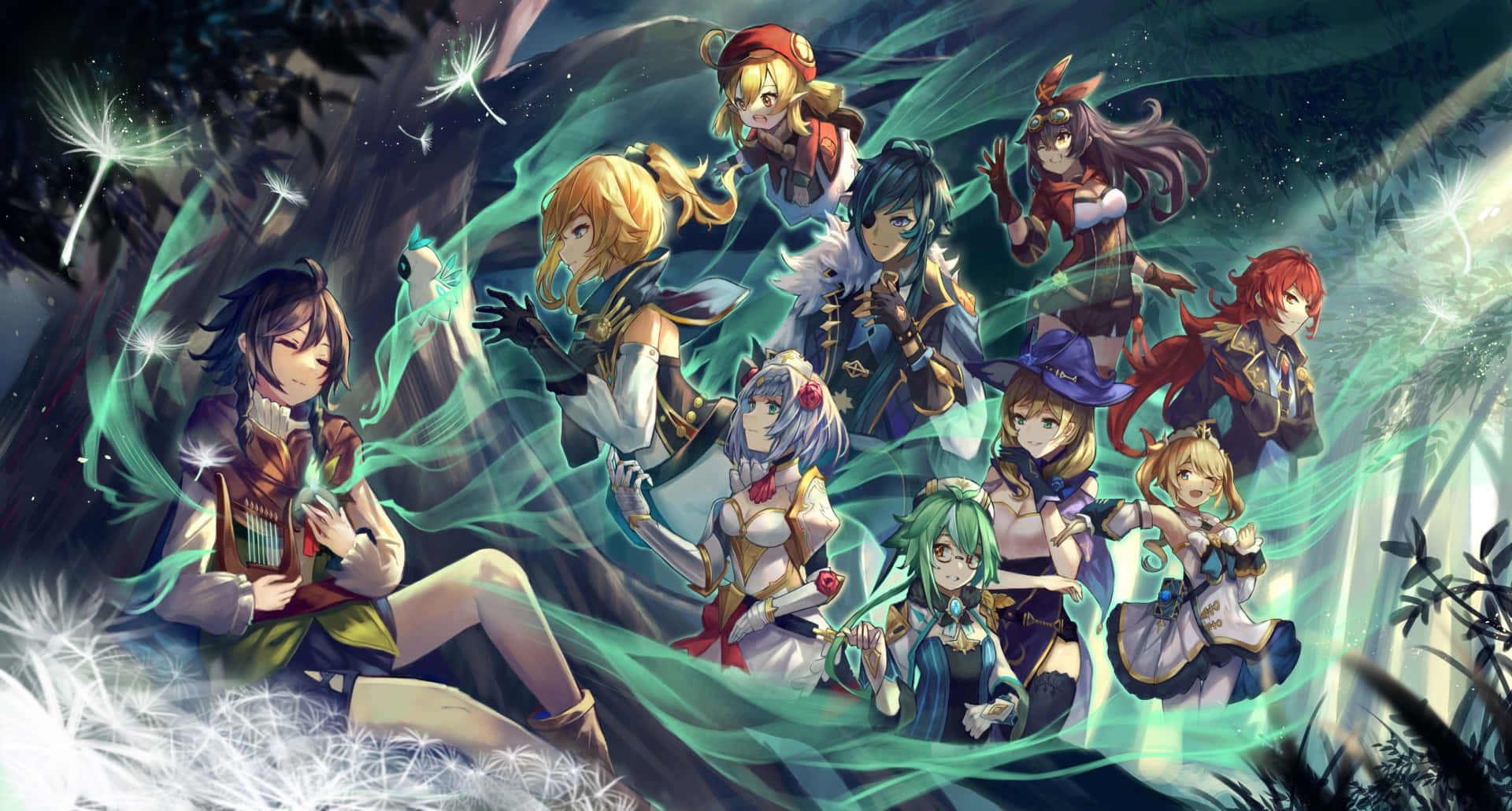 Genshin Impact Characters, mystical forest, green energy, Full HD Desktop Wallpaper