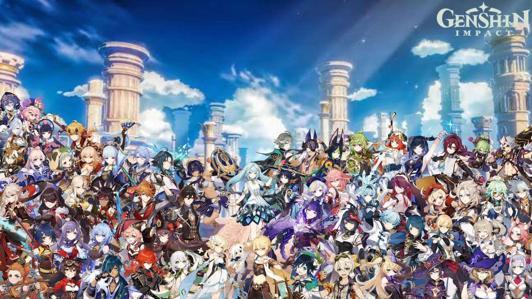 Genshin Impact Characters, ancient stone pillars, bright blue sky, HD Desktop Wallpaper
