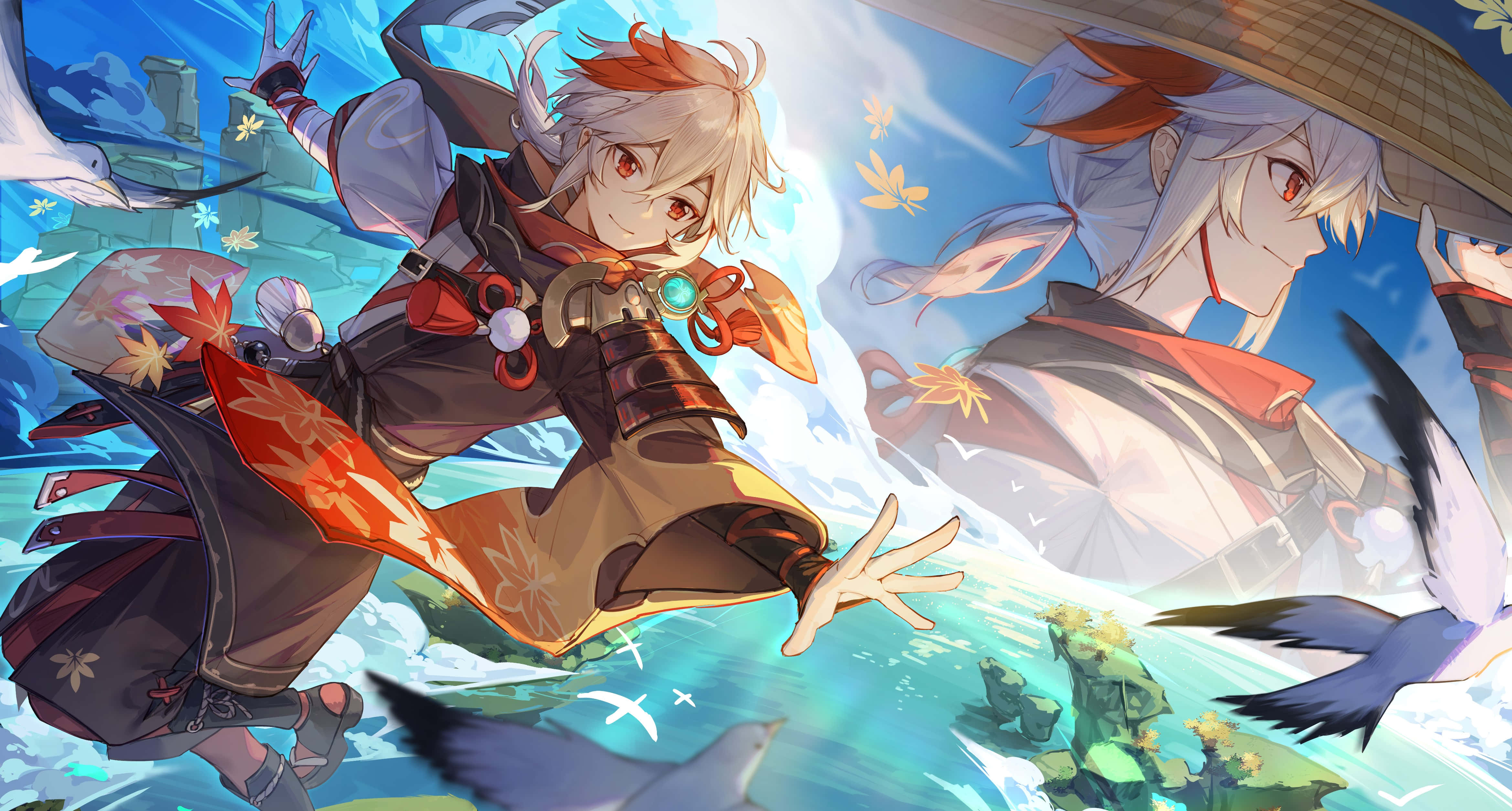 Genshin Impact, Kazuha, autumn leaves, 4K Desktop Wallpaper
