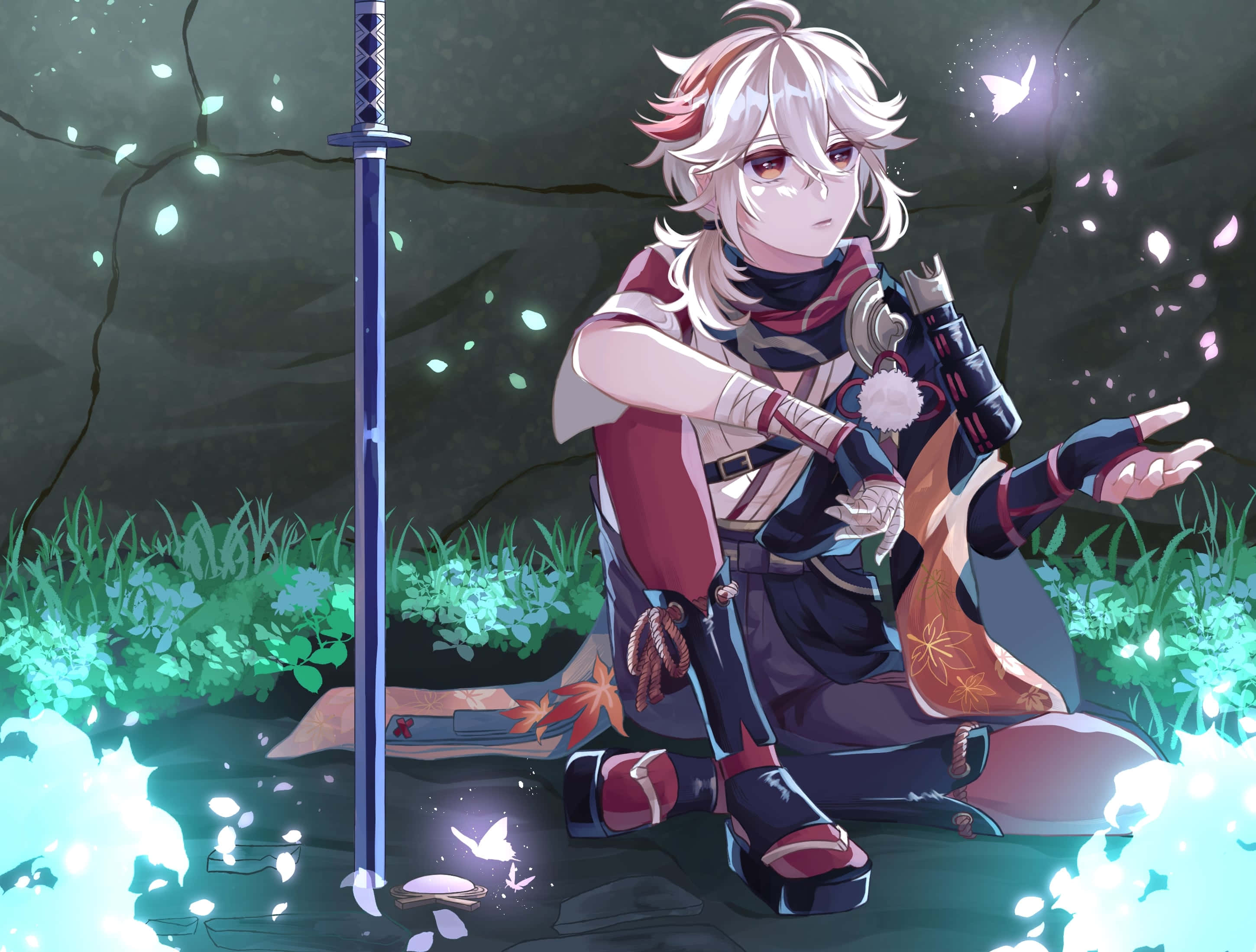 Genshin Impact Kazuha, white-haired anime warrior, glowing sword, 2K Desktop Wallpaper