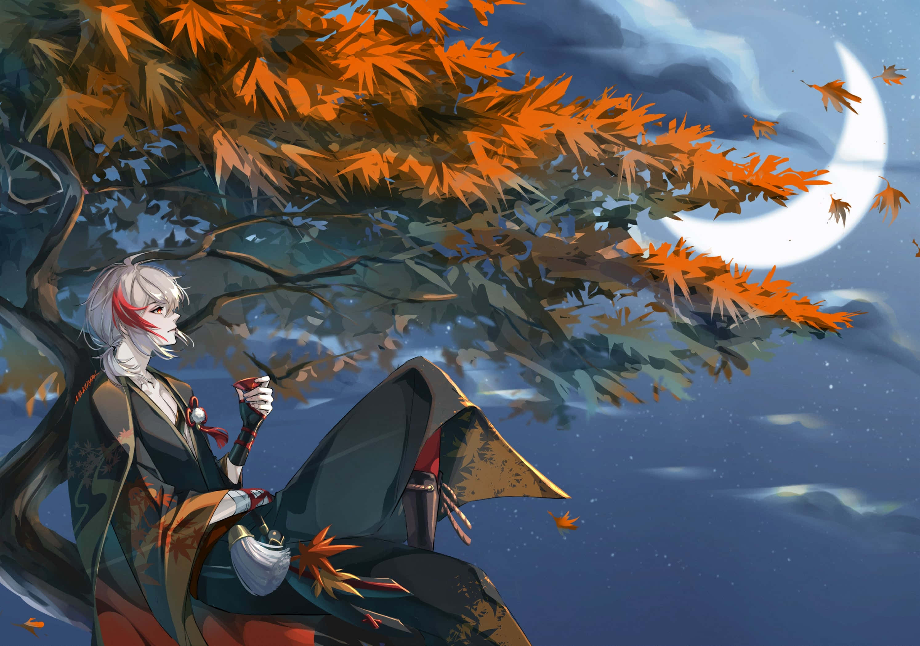 Genshin Impact Kazuha, silver-haired anime figure, traditional robes, 2K Desktop Wallpaper