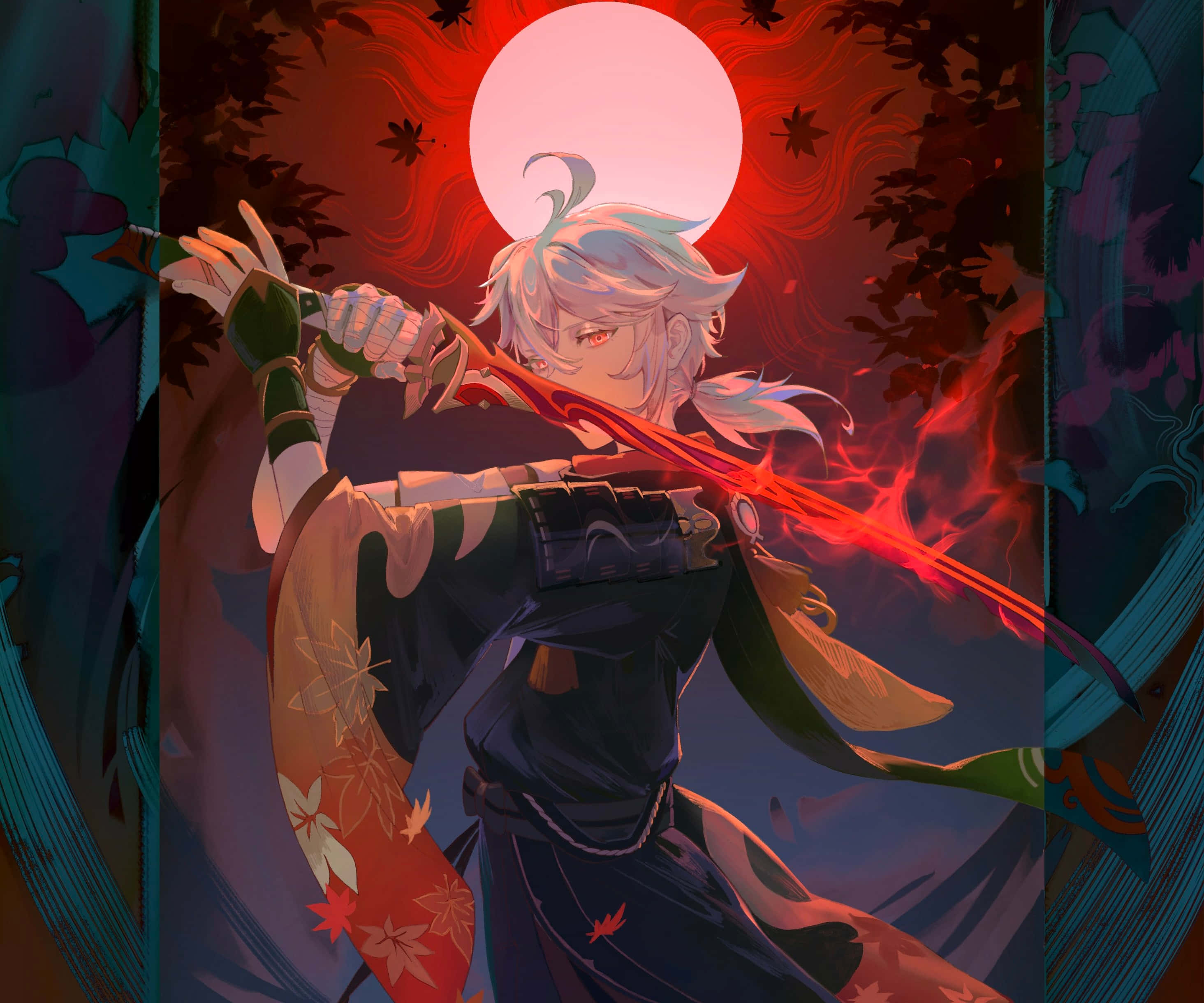 Genshin Impact, Kazuha, silver-haired anime warrior, 2K Desktop Wallpaper
