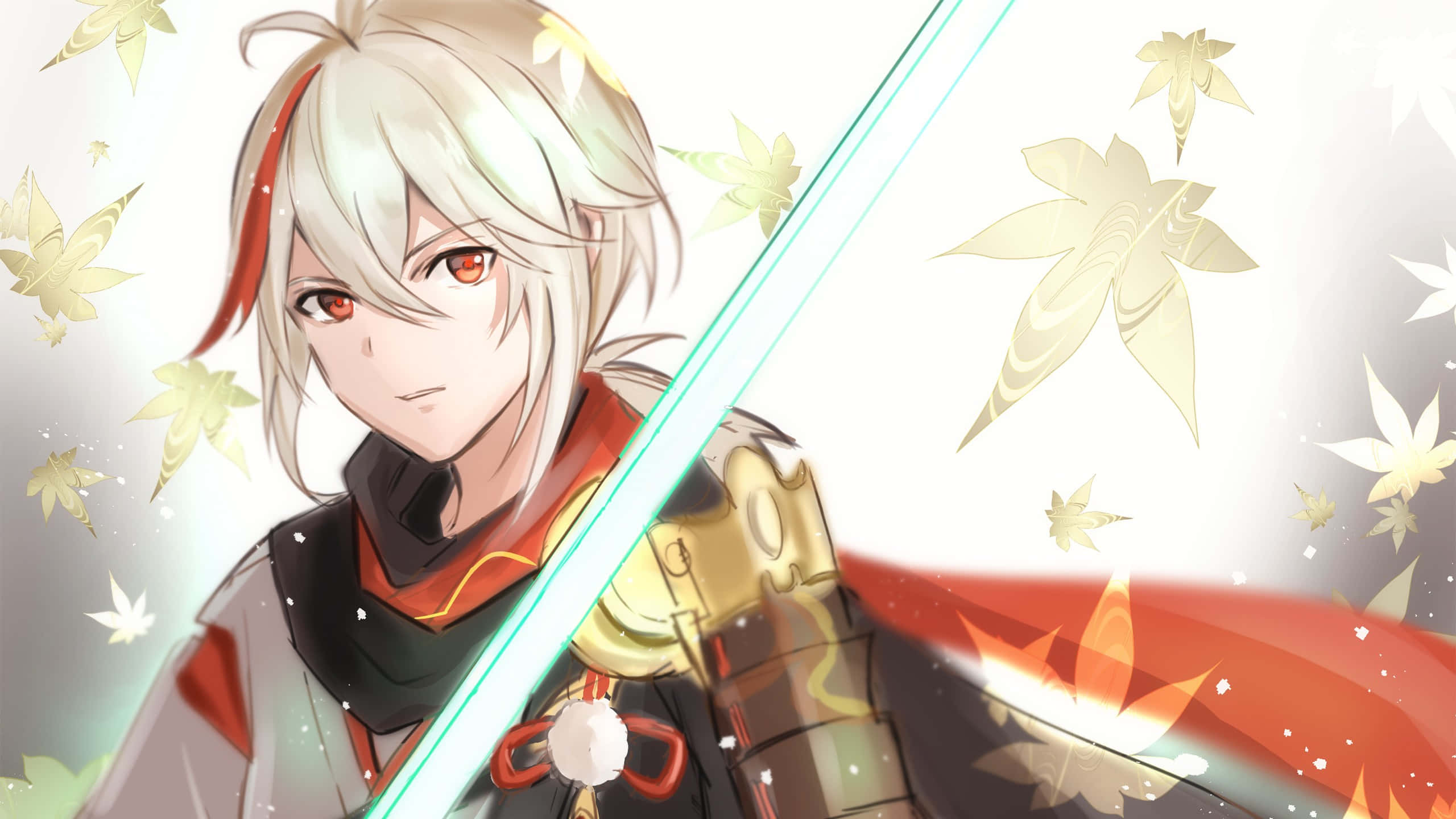 Kazuha, golden maple leaves, white hair, 2K Desktop Wallpaper