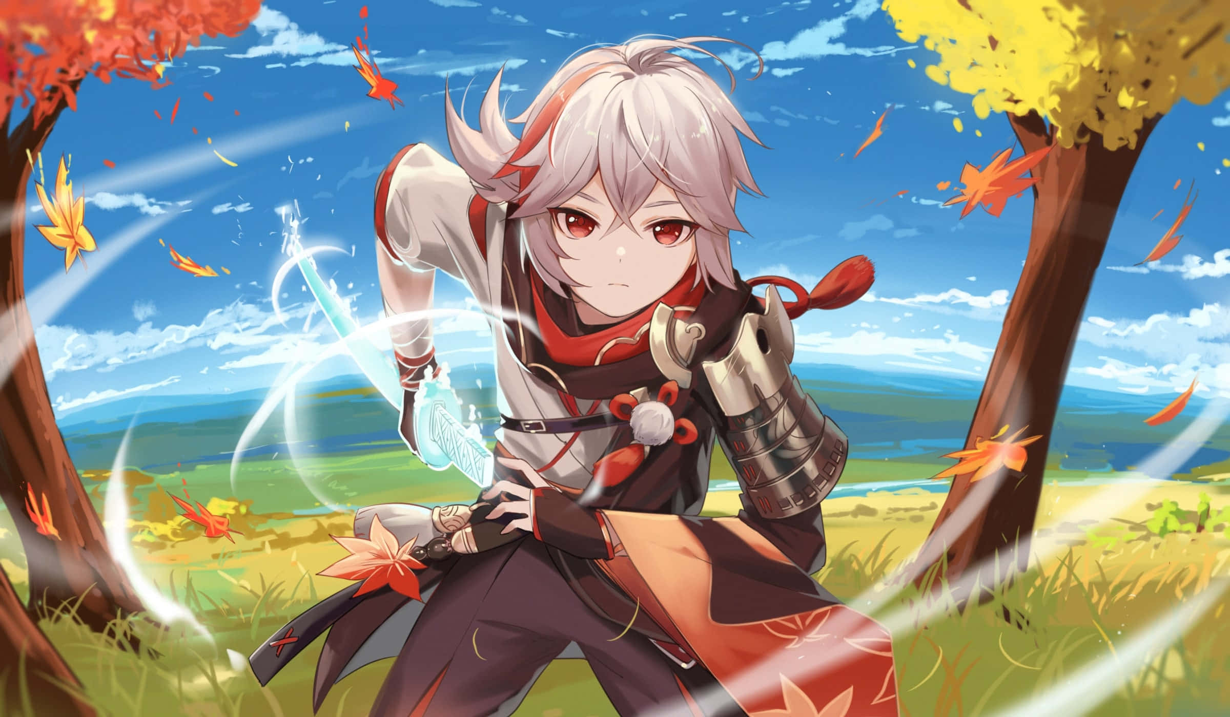 Genshin Impact Kazuha, white hair, red eyes, Full HD Desktop Wallpaper