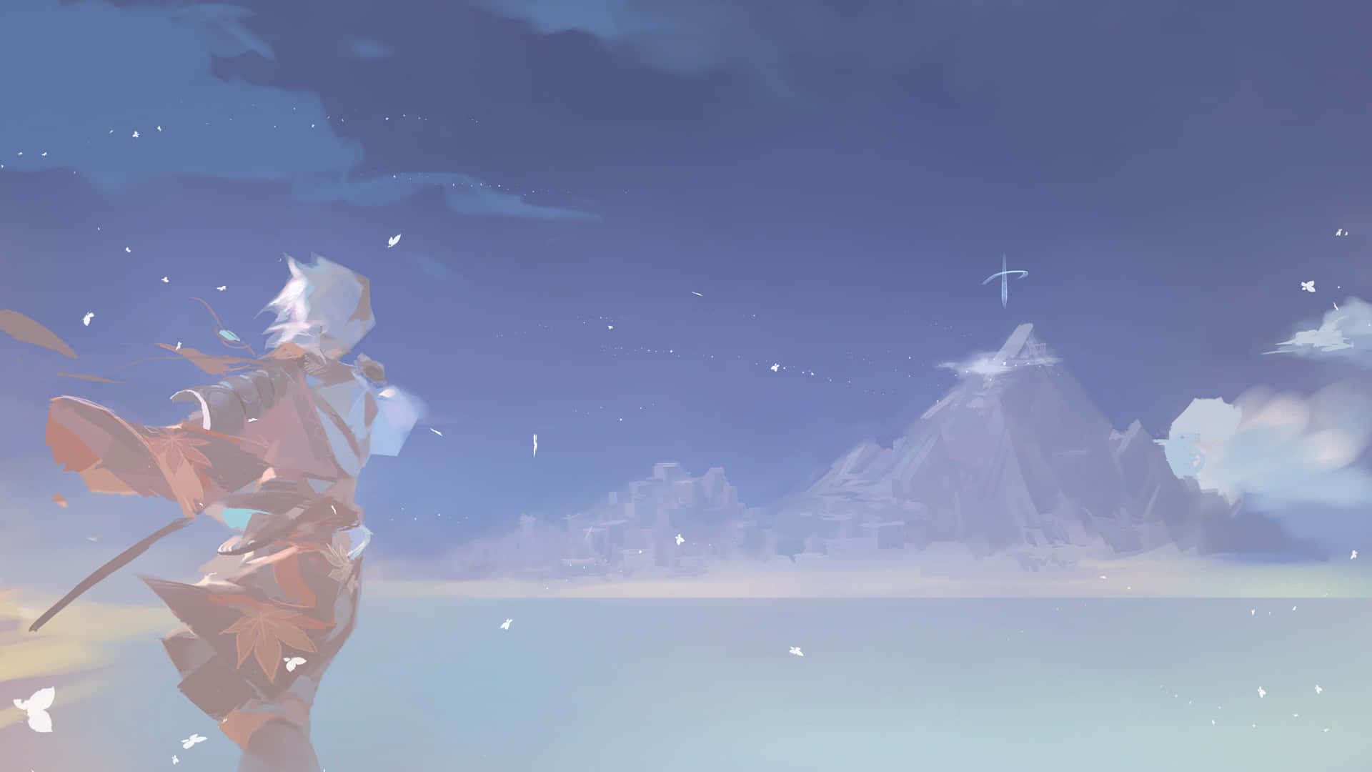 Genshin Impact Kazuha, white hair, flowing robes, Full HD Desktop Wallpaper