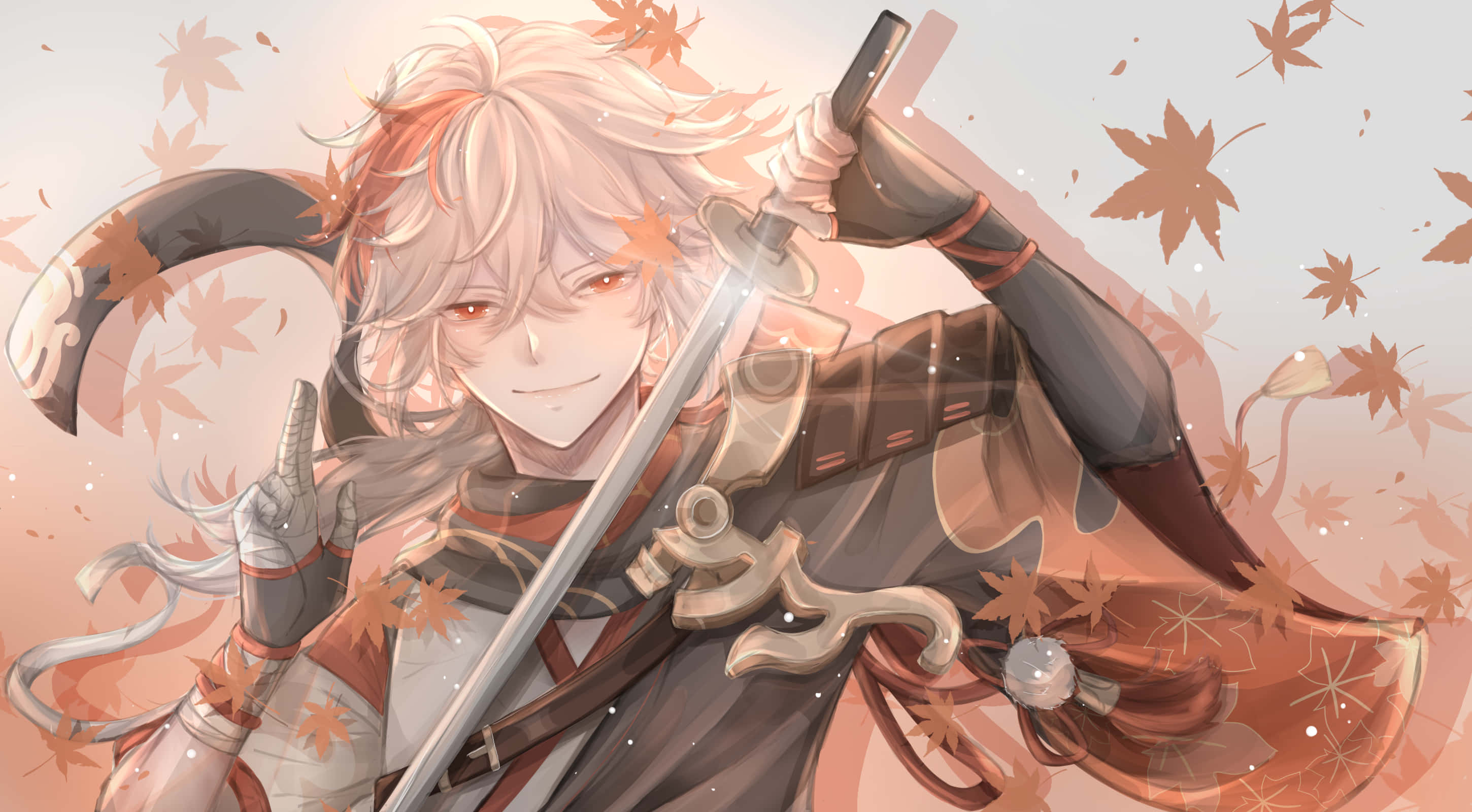 Kazuha, anime warrior, white hair, 2K Desktop Wallpaper
