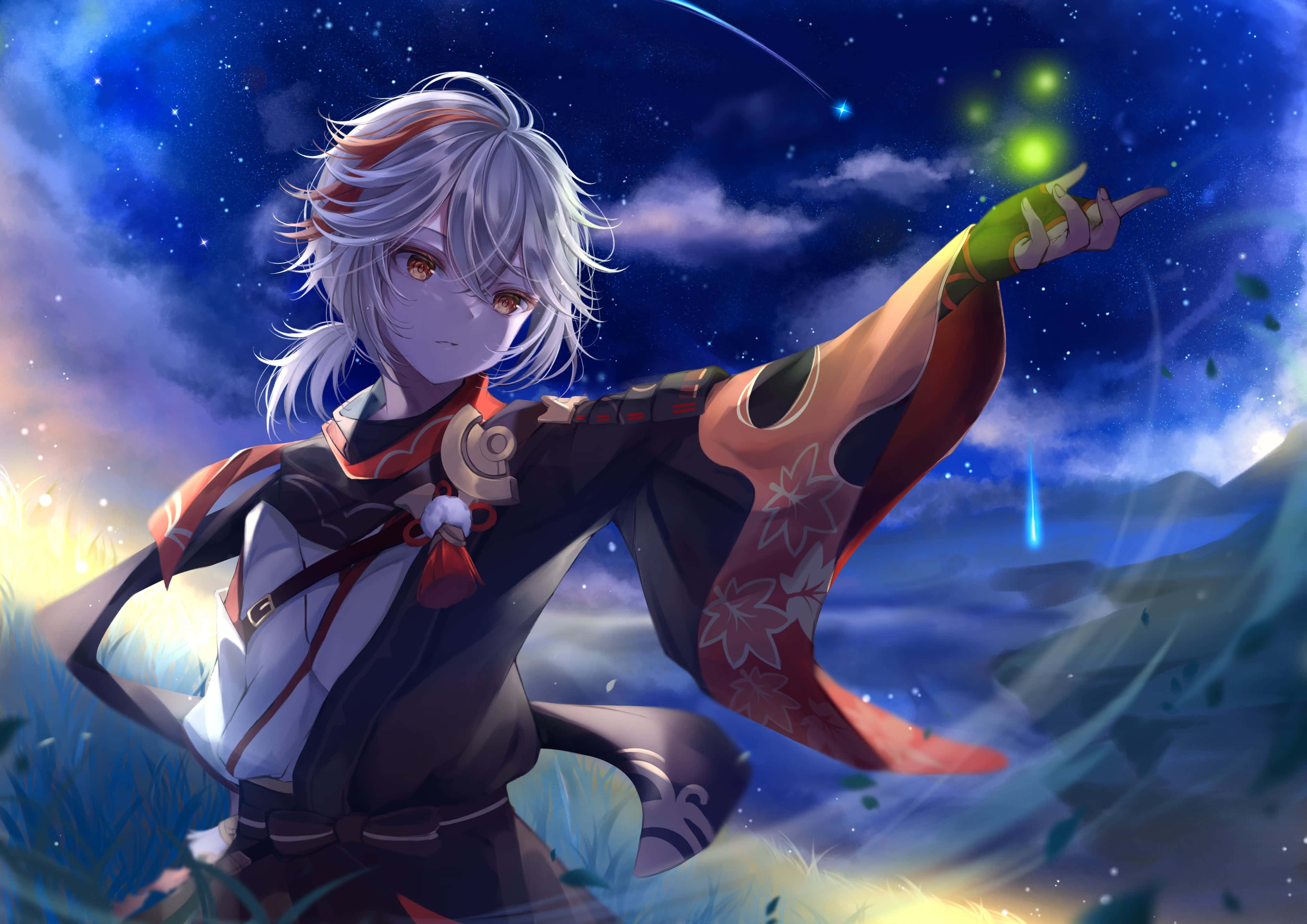 Genshin Impact Kazuha, silver-haired anime character, red and black kimono, 4K Desktop Wallpaper