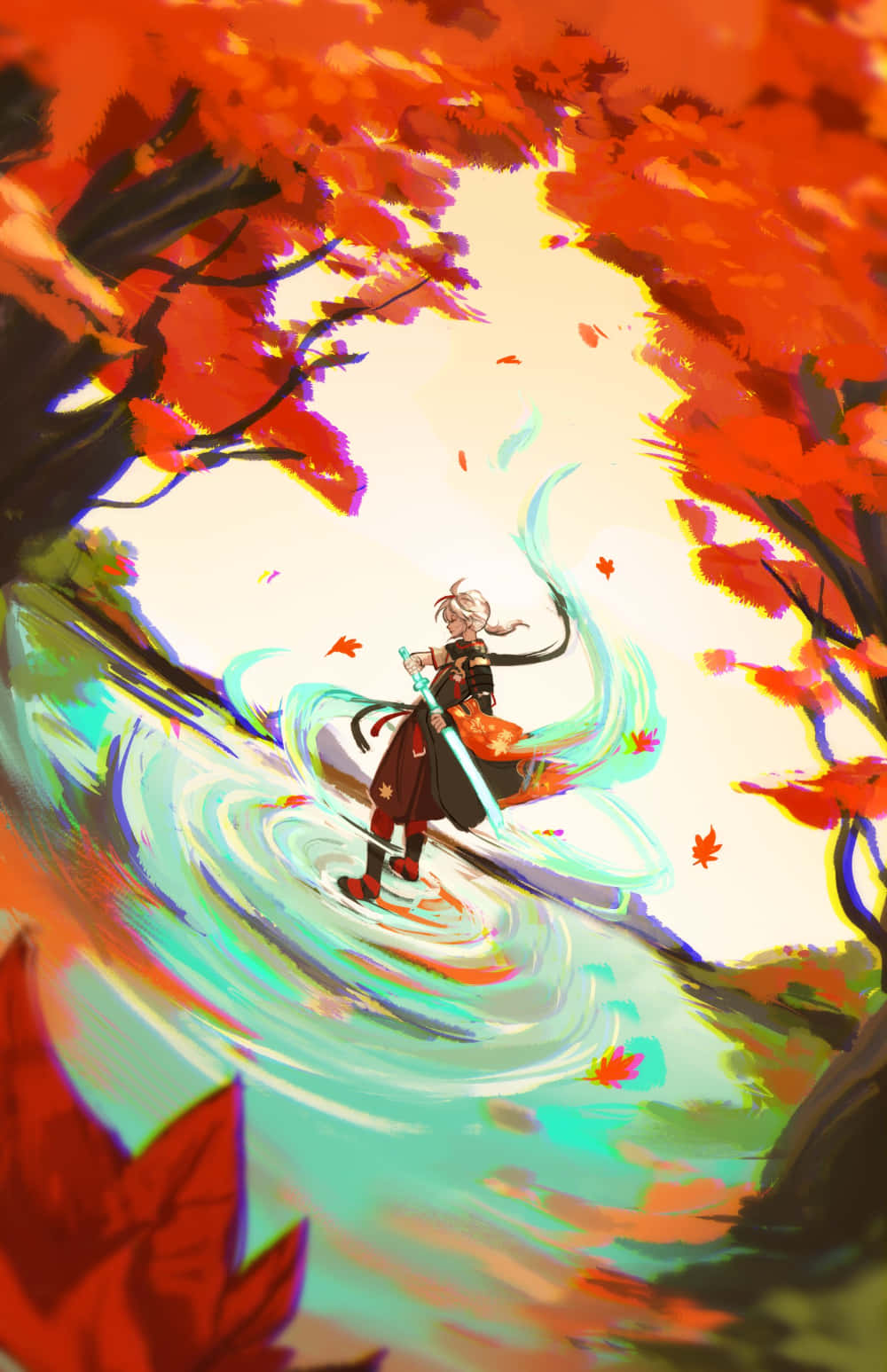 Kazuha, white-haired anime warrior, swirling teal stream, HD Phone Wallpaper