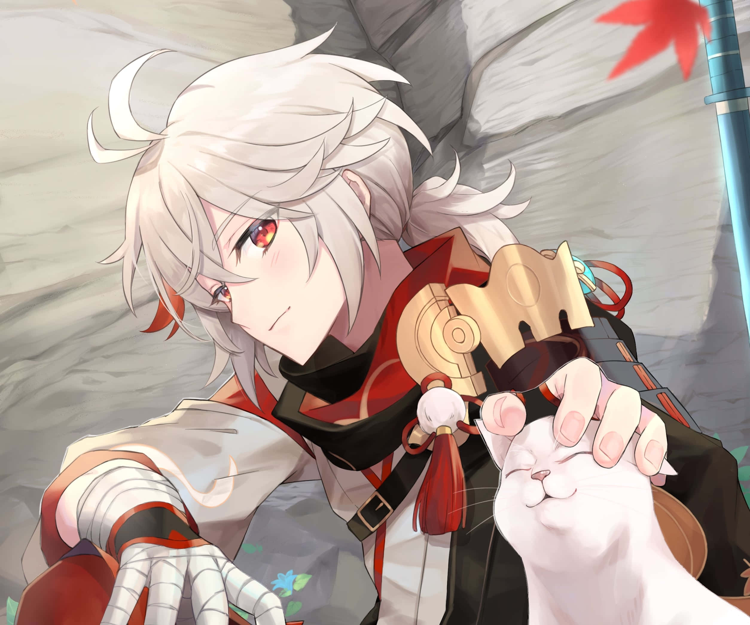 Genshin Impact, Kazuha, white-haired anime boy, Full HD Desktop Wallpaper