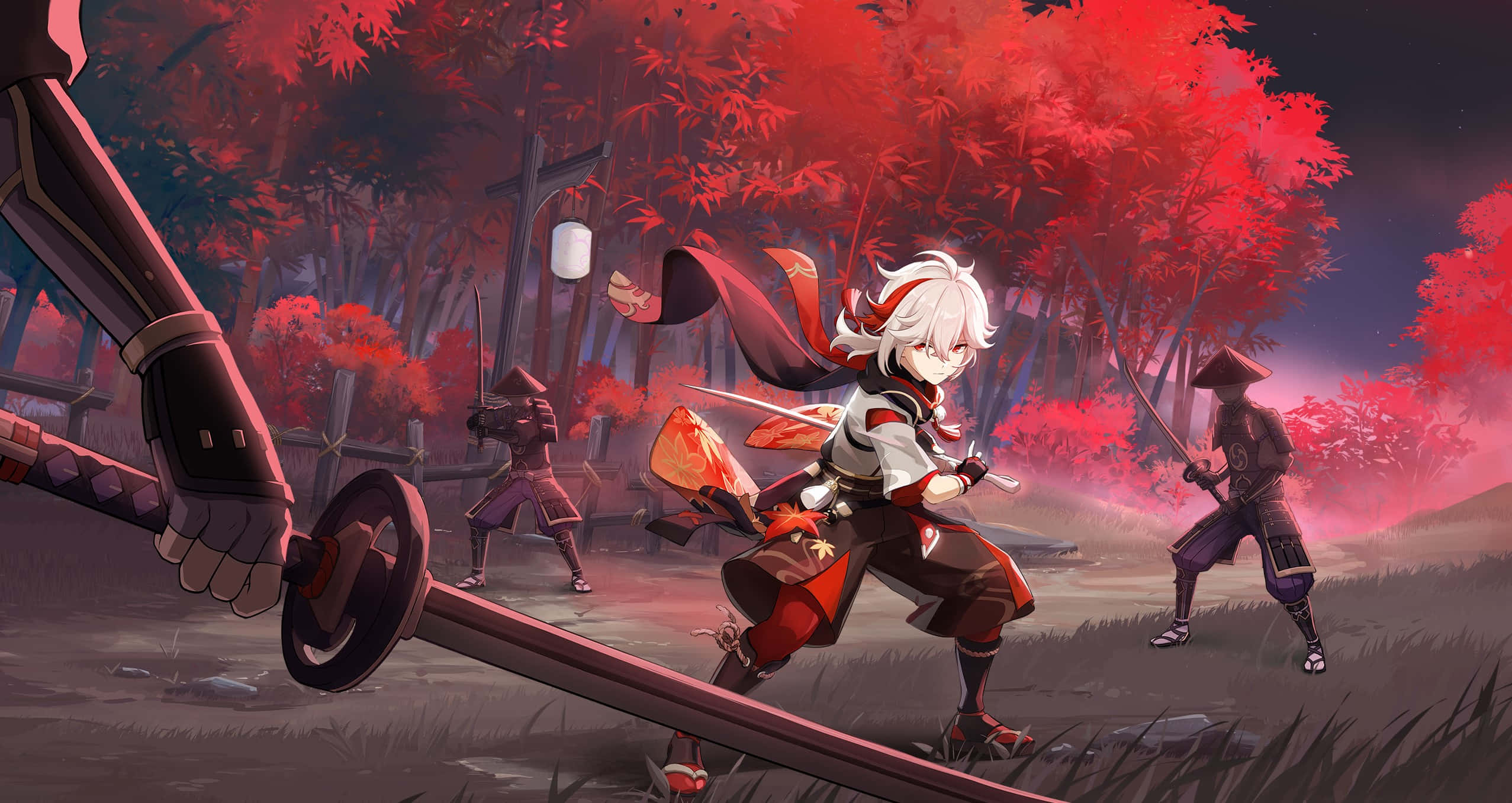 Genshin Impact, Kazuha, white-haired anime warrior, Full HD Desktop Wallpaper