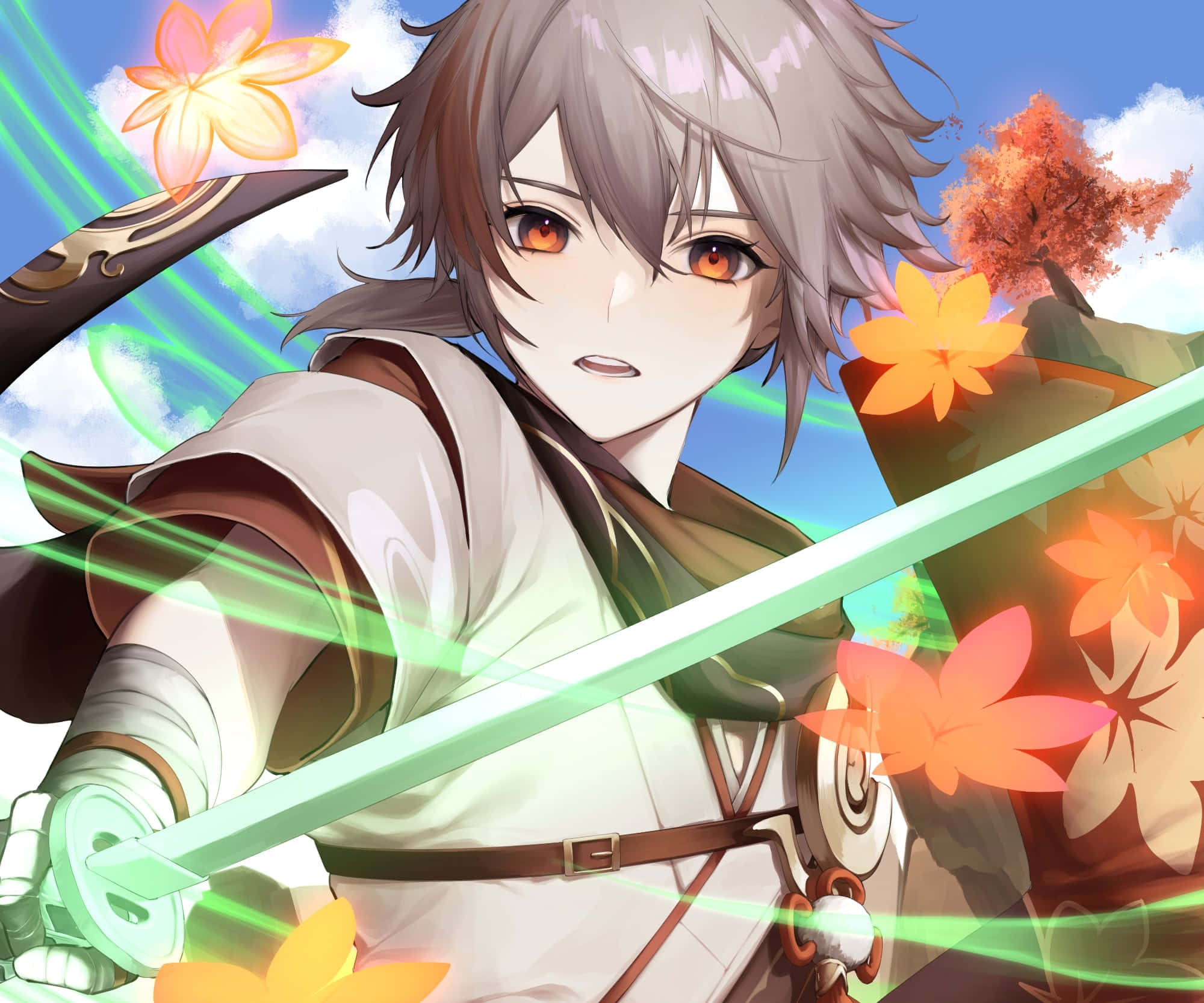 Genshin Impact Kazuha, green sword, glowing green sword, Full HD Desktop Wallpaper