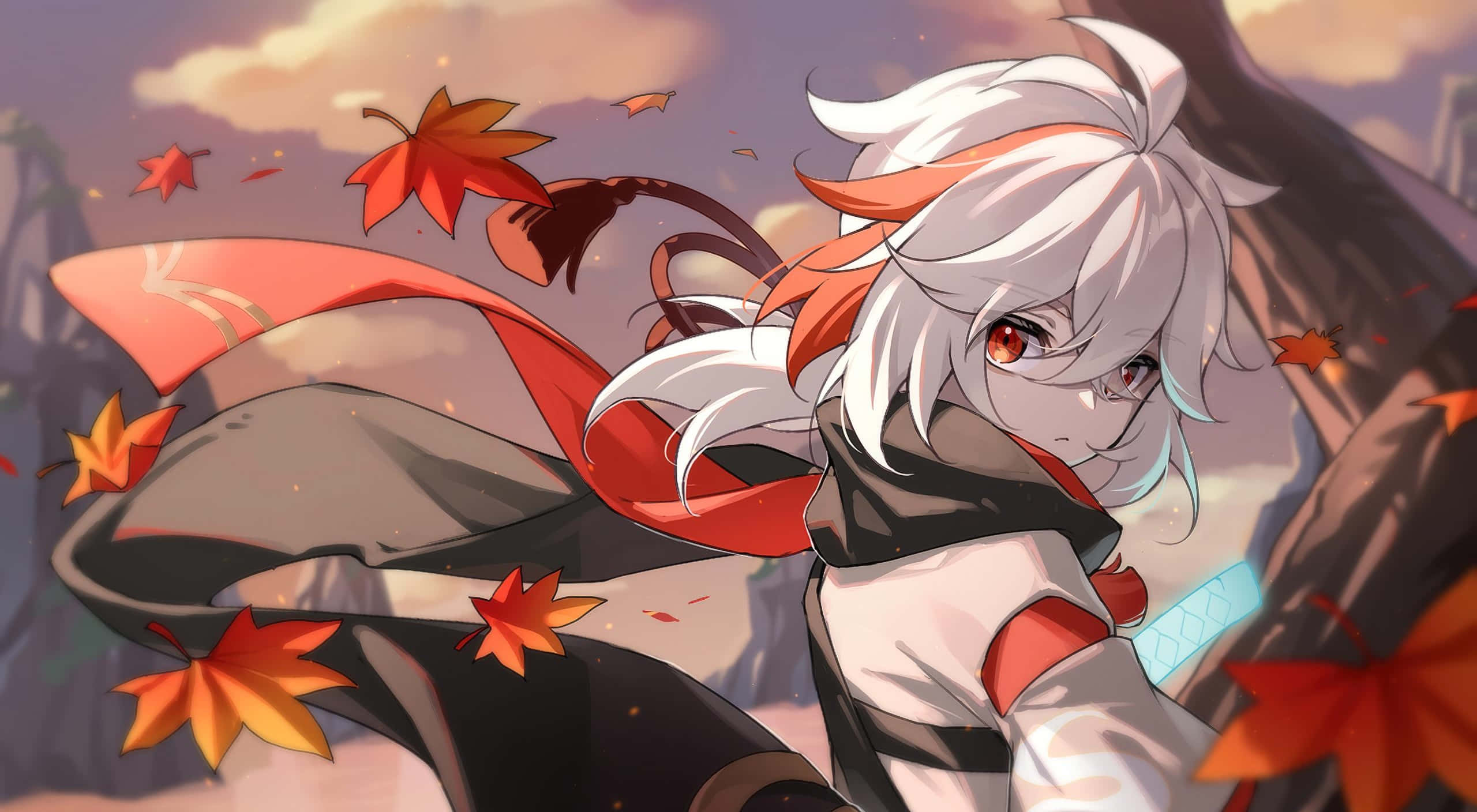 Kazuha, white hair, red eyes, 2K Desktop Wallpaper