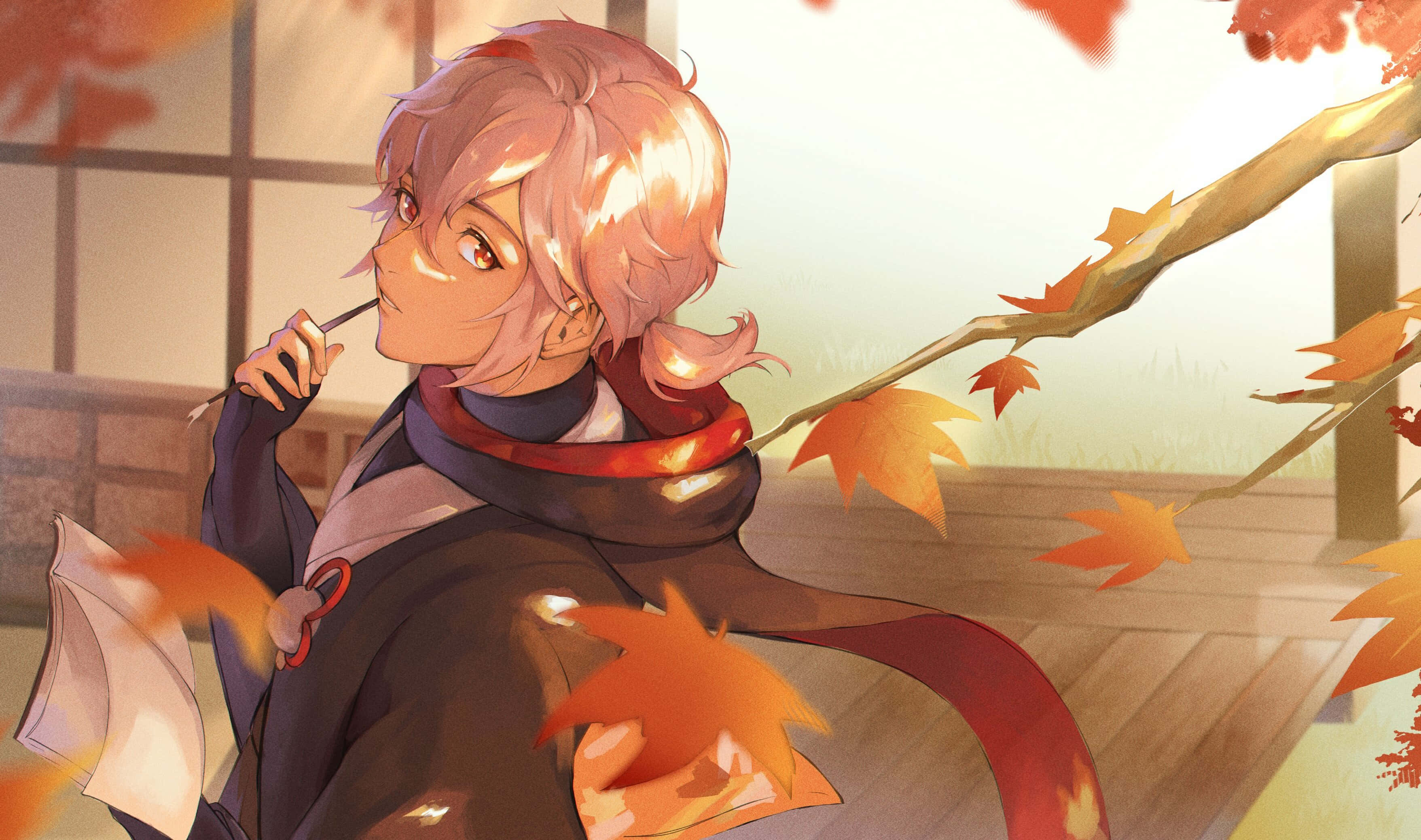 Genshin Impact Kazuha, pink hair, autumn scene, 2K Desktop Wallpaper