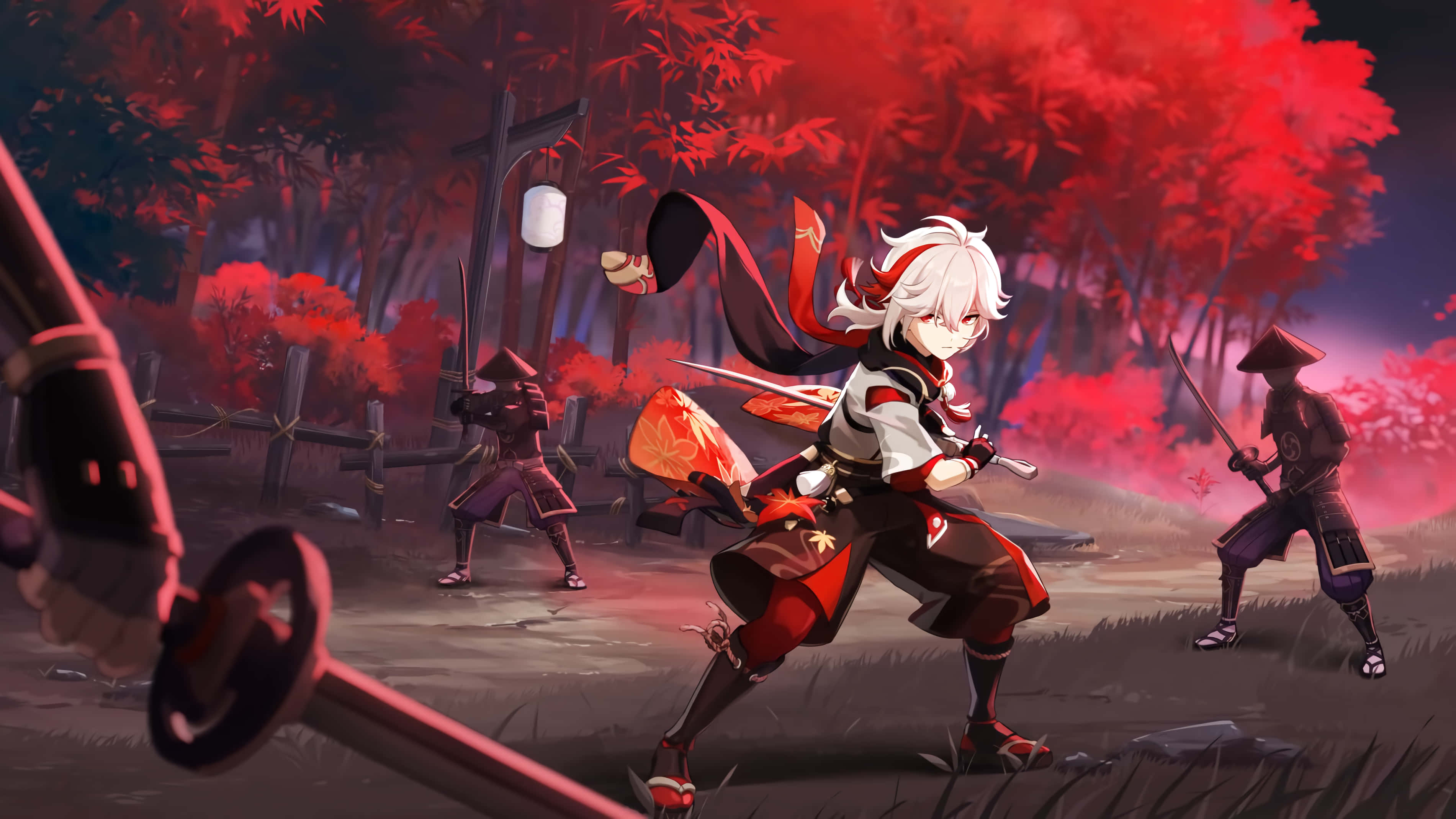 Kazuha, Genshin Impact, red and black armor, 2K Desktop Wallpaper