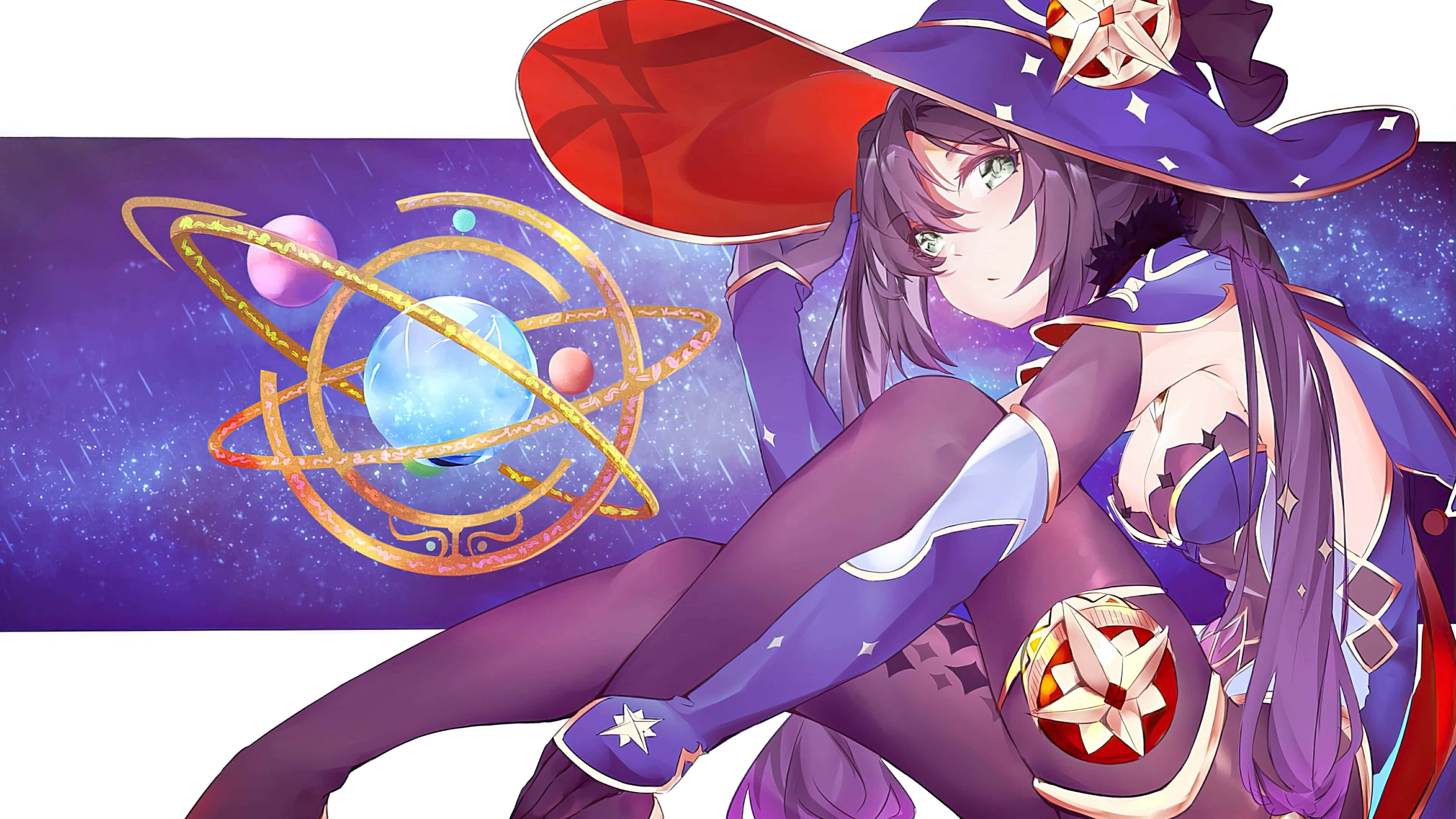 Genshin Impact Mona, purple-haired anime witch, star-adorned hat, 4K Desktop Wallpaper