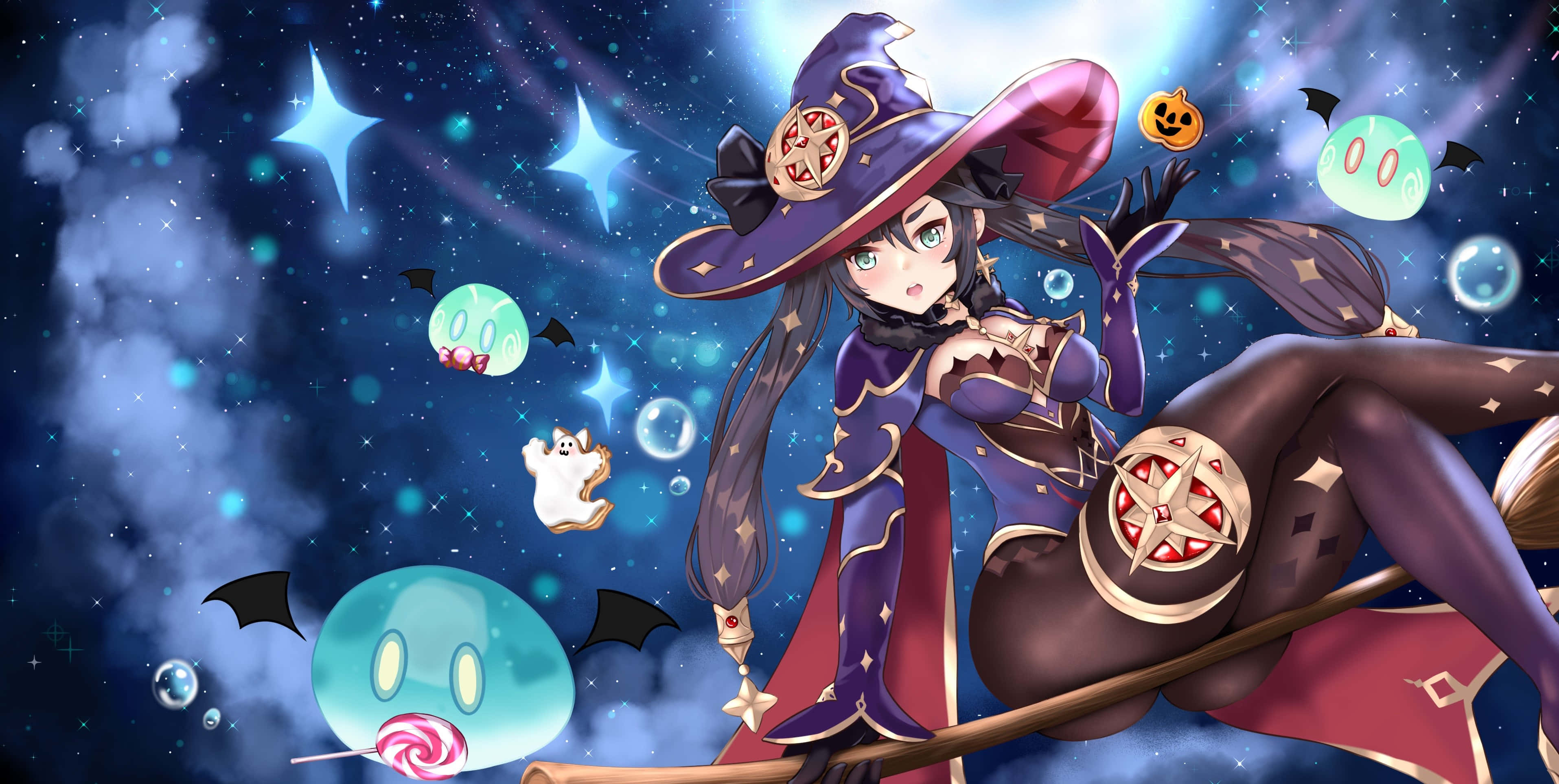 Mona, Genshin Impact, purple hat, 2K Desktop Wallpaper