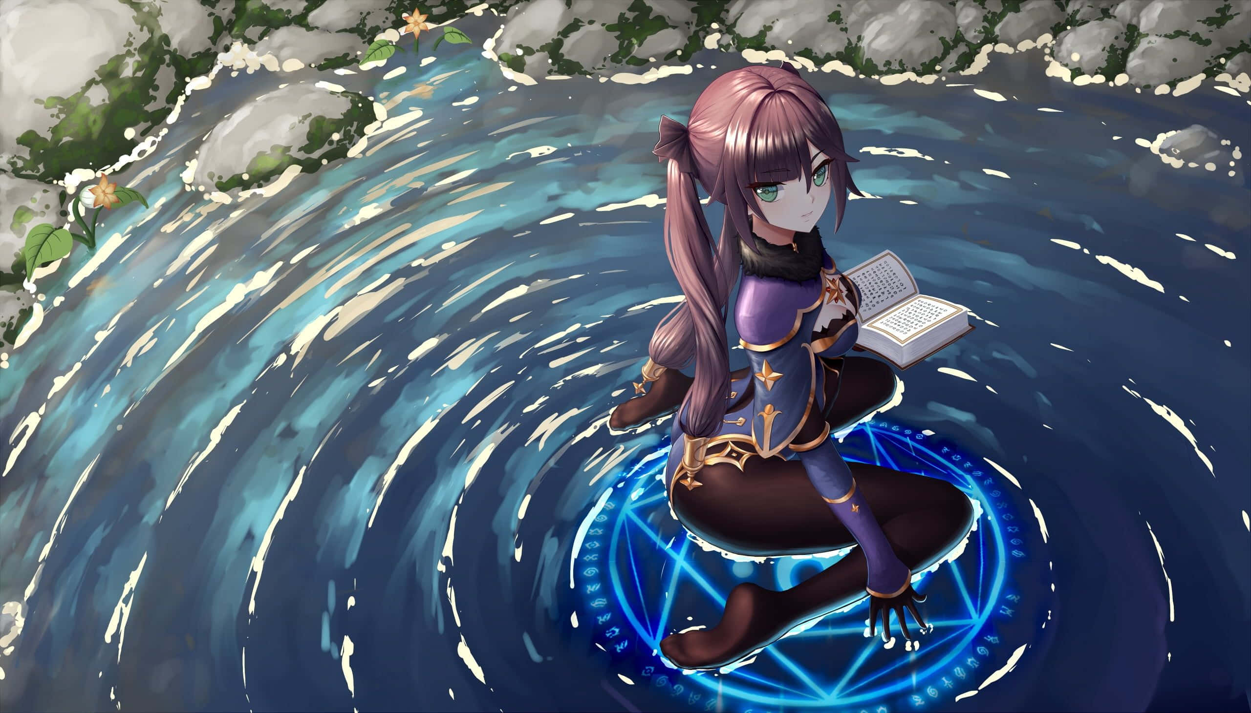 Genshin Impact, Mona, pink-haired anime girl, 2K Desktop Wallpaper