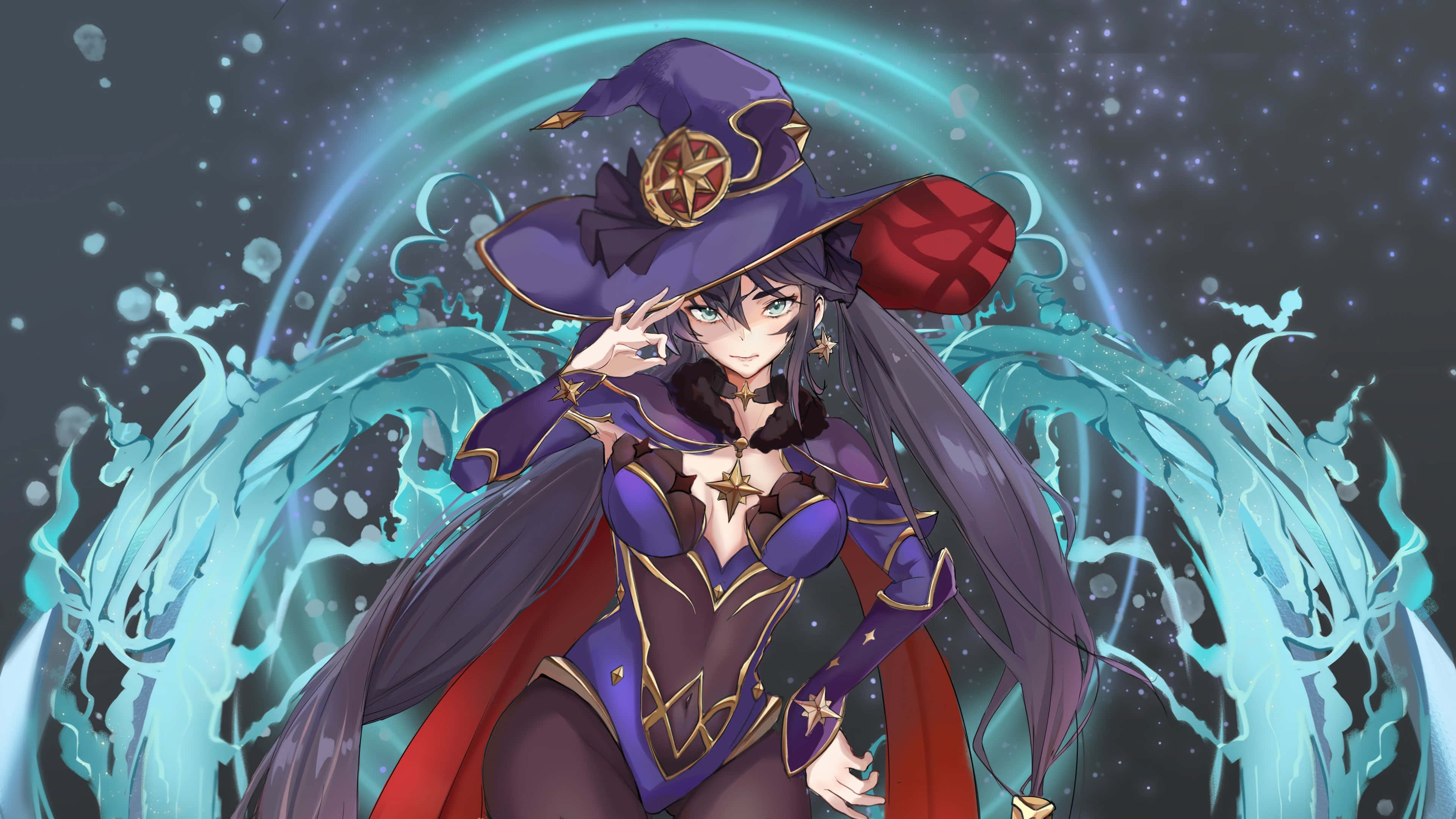 Genshin Impact Mona, purple and red robes, glowing teal magical arc, 4K Desktop Wallpaper