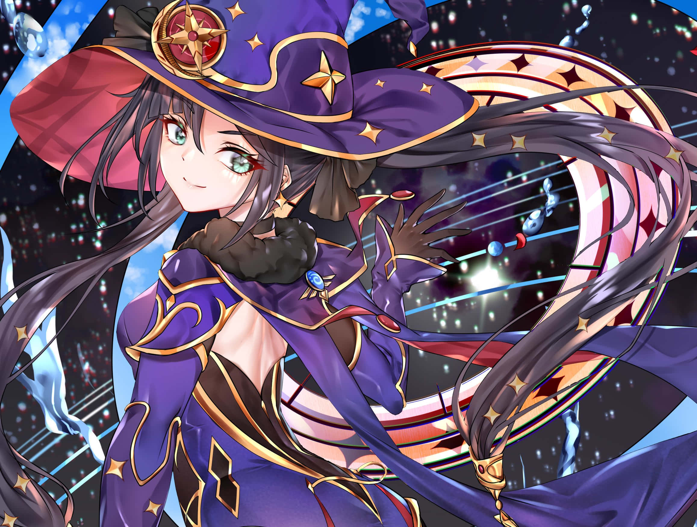 Genshin Impact Mona, purple star-adorned hat, purple star-adorned cloak, Full HD Desktop Wallpaper