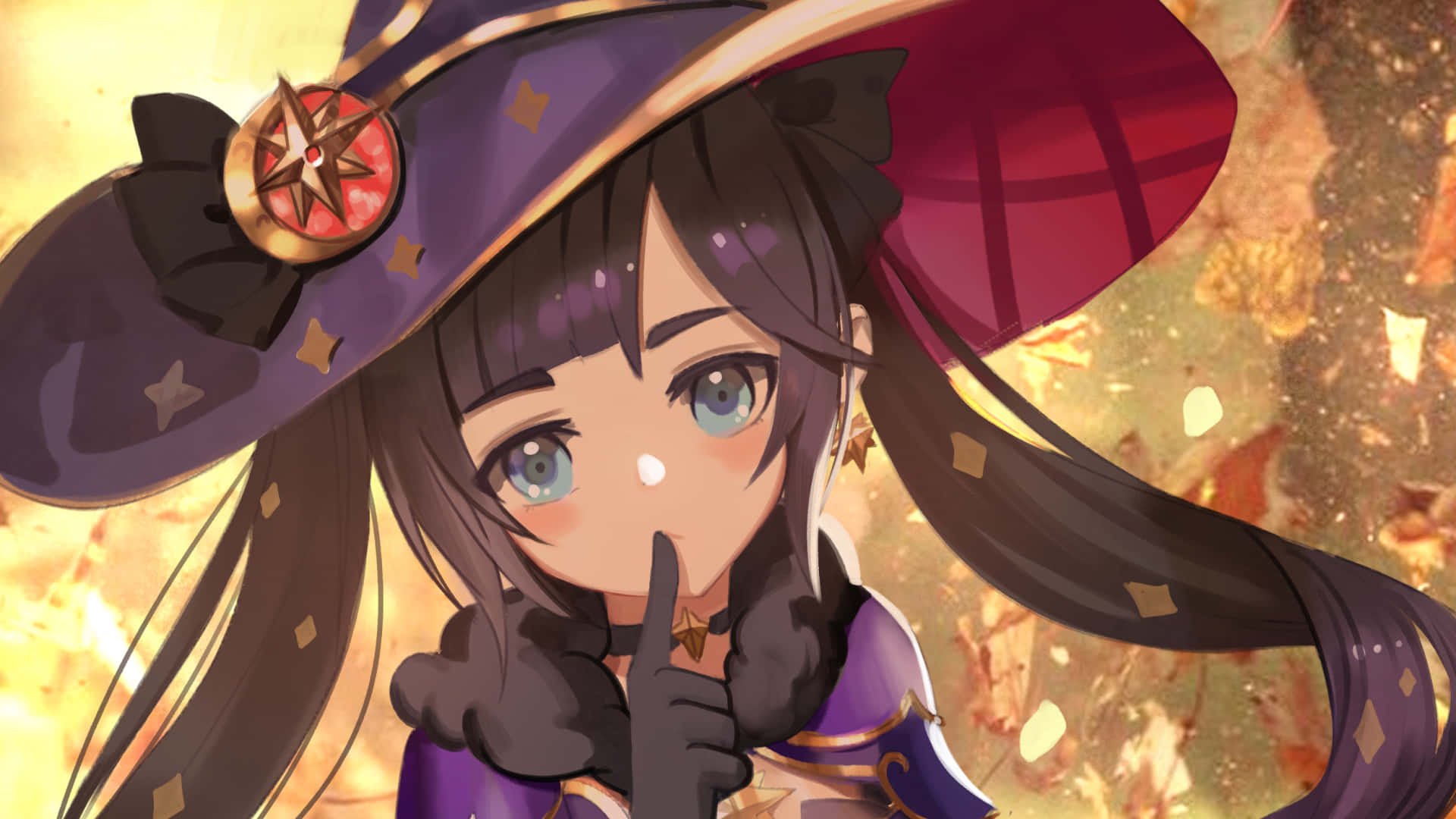 Genshin Impact Mona, blue eyes, purple hat, Full HD Desktop Wallpaper