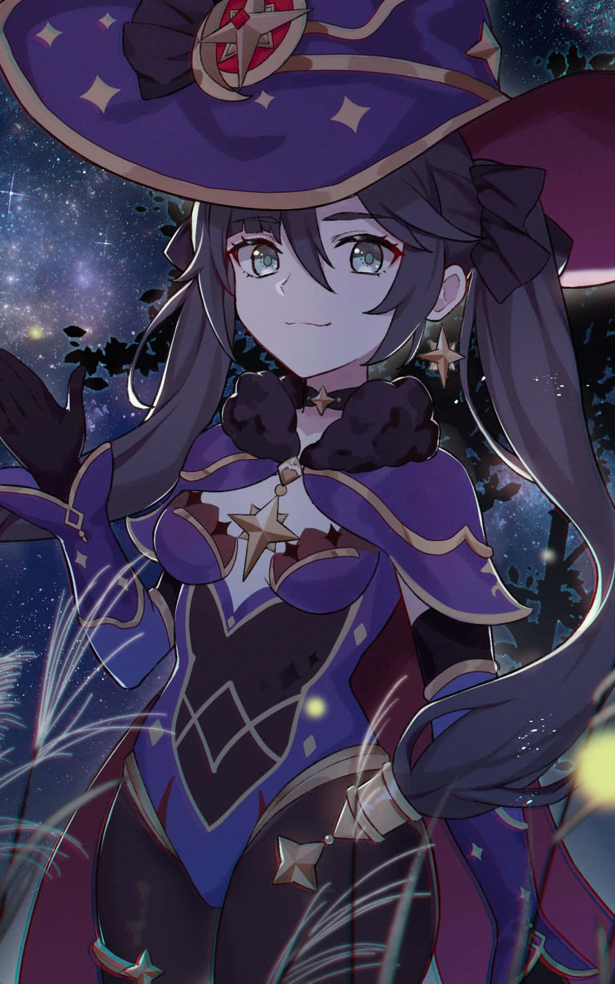 Genshin Impact Mona, purple star-adorned hat, cloak, Full HD Phone Wallpaper