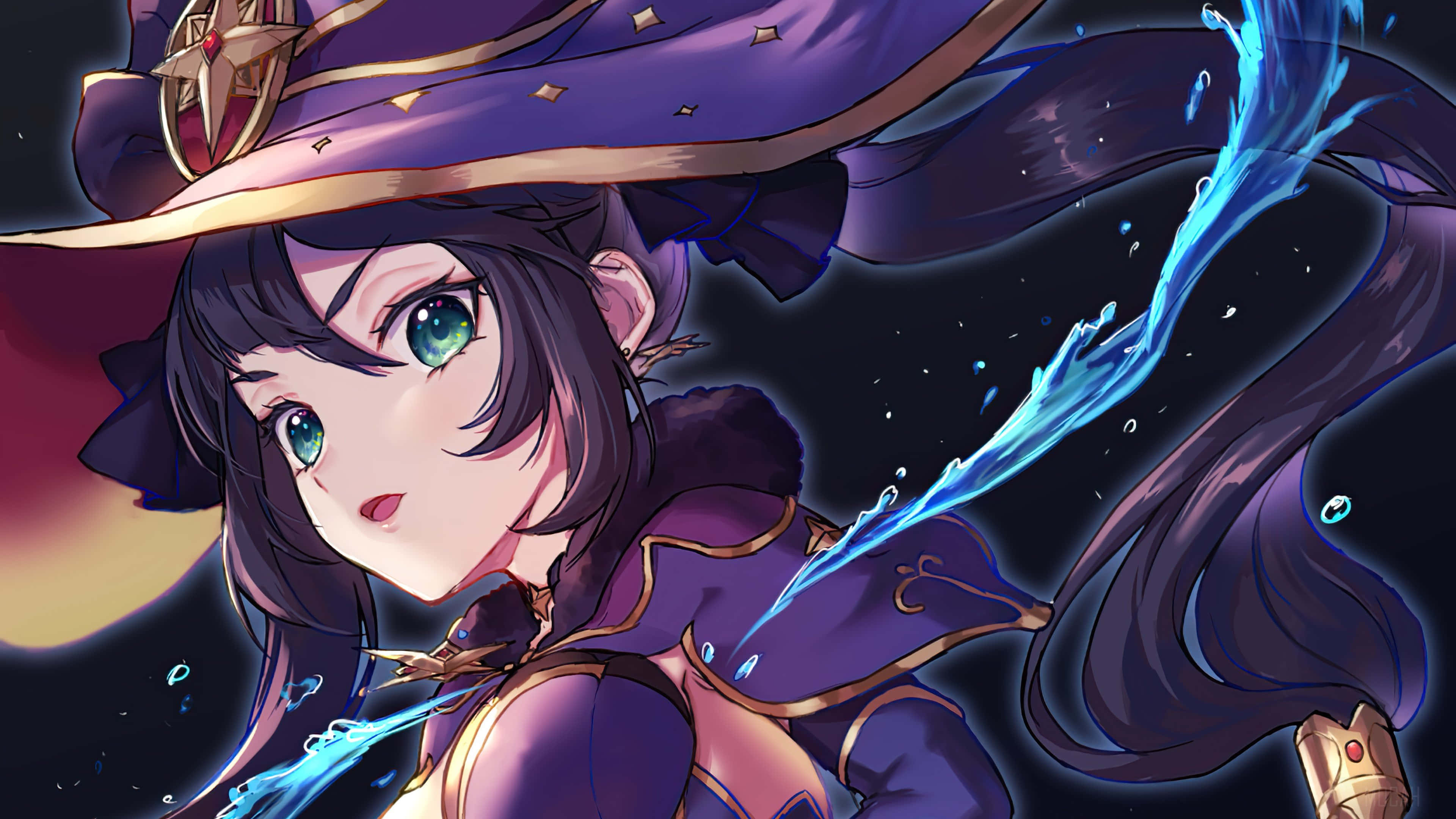 Genshin Impact Mona, purple hat, cloak, 4K Desktop Wallpaper
