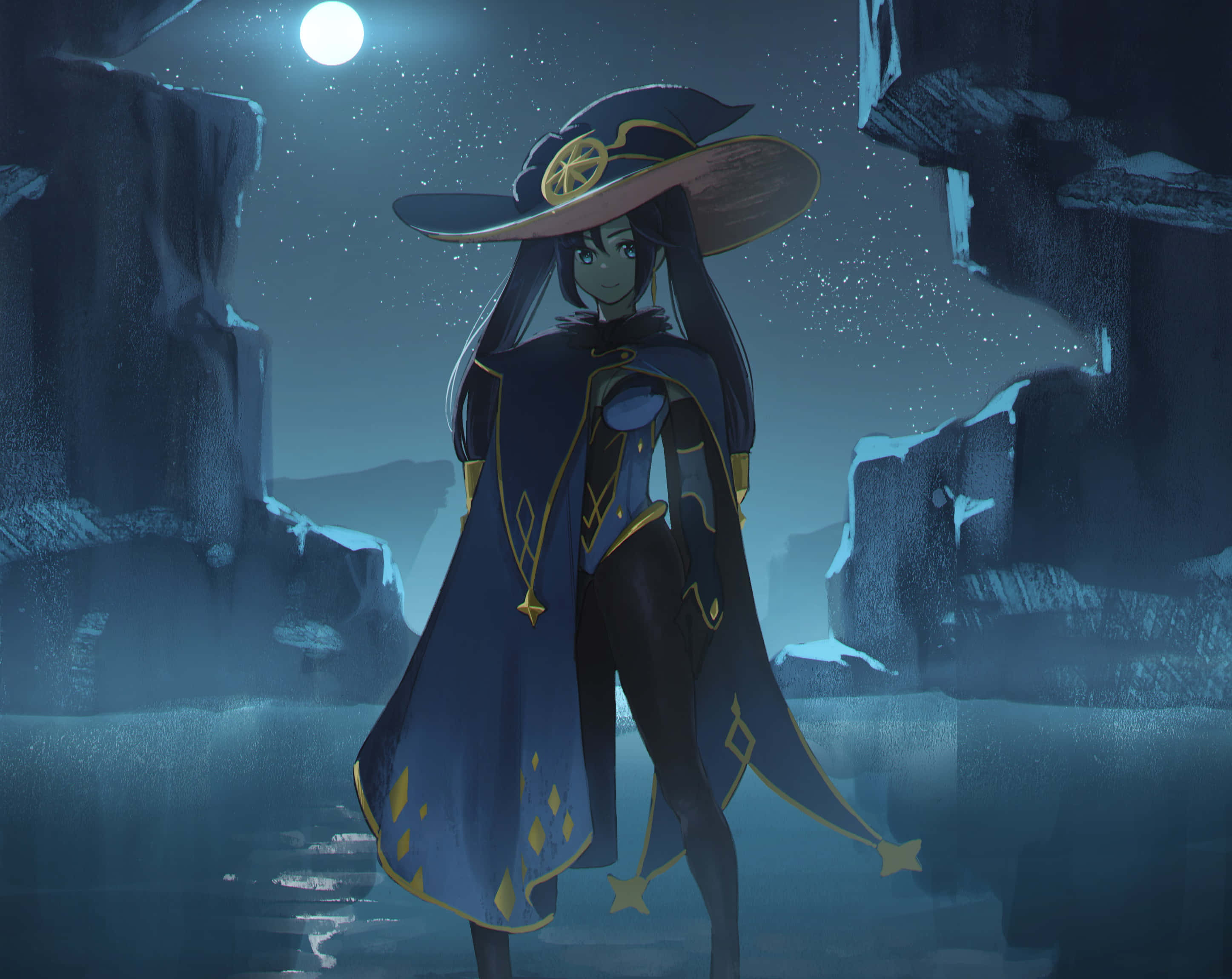 Genshin Impact, Mona, blue and gold cloak, 2K Desktop Wallpaper