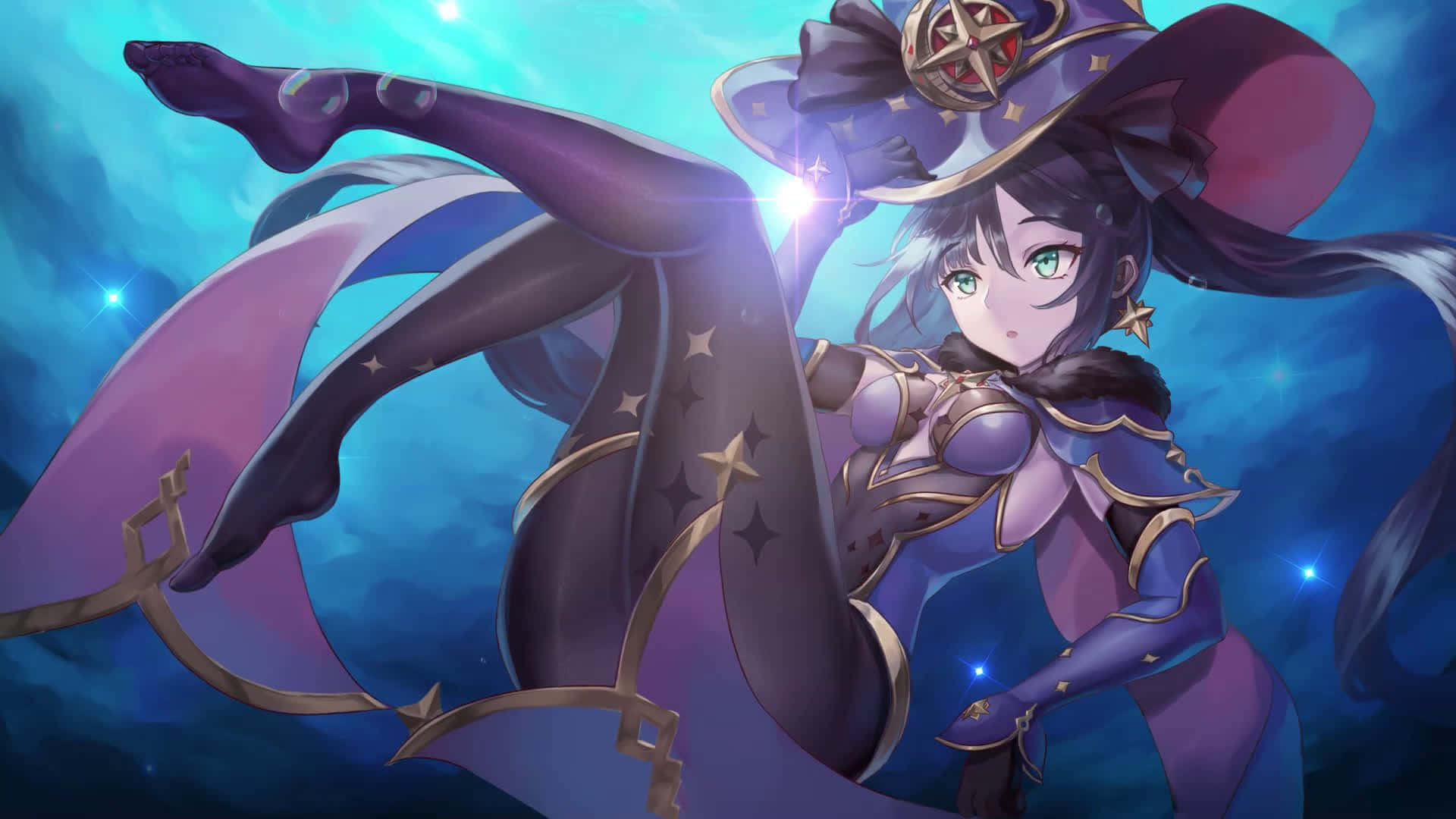 Genshin Impact, Mona, purple witch's outfit, Full HD Desktop Wallpaper