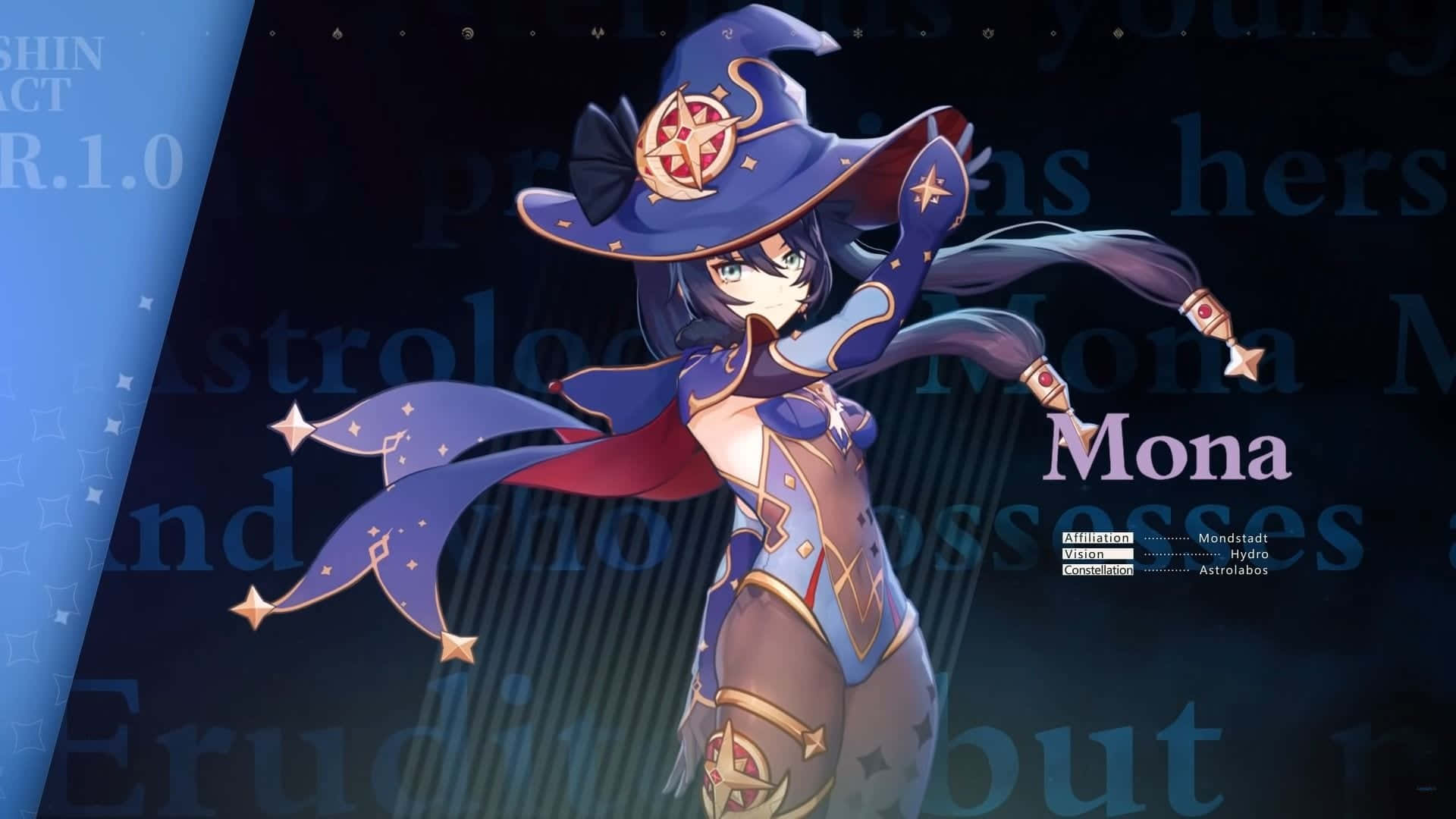 Genshin Impact, Mona, blue hat, Full HD Desktop Wallpaper