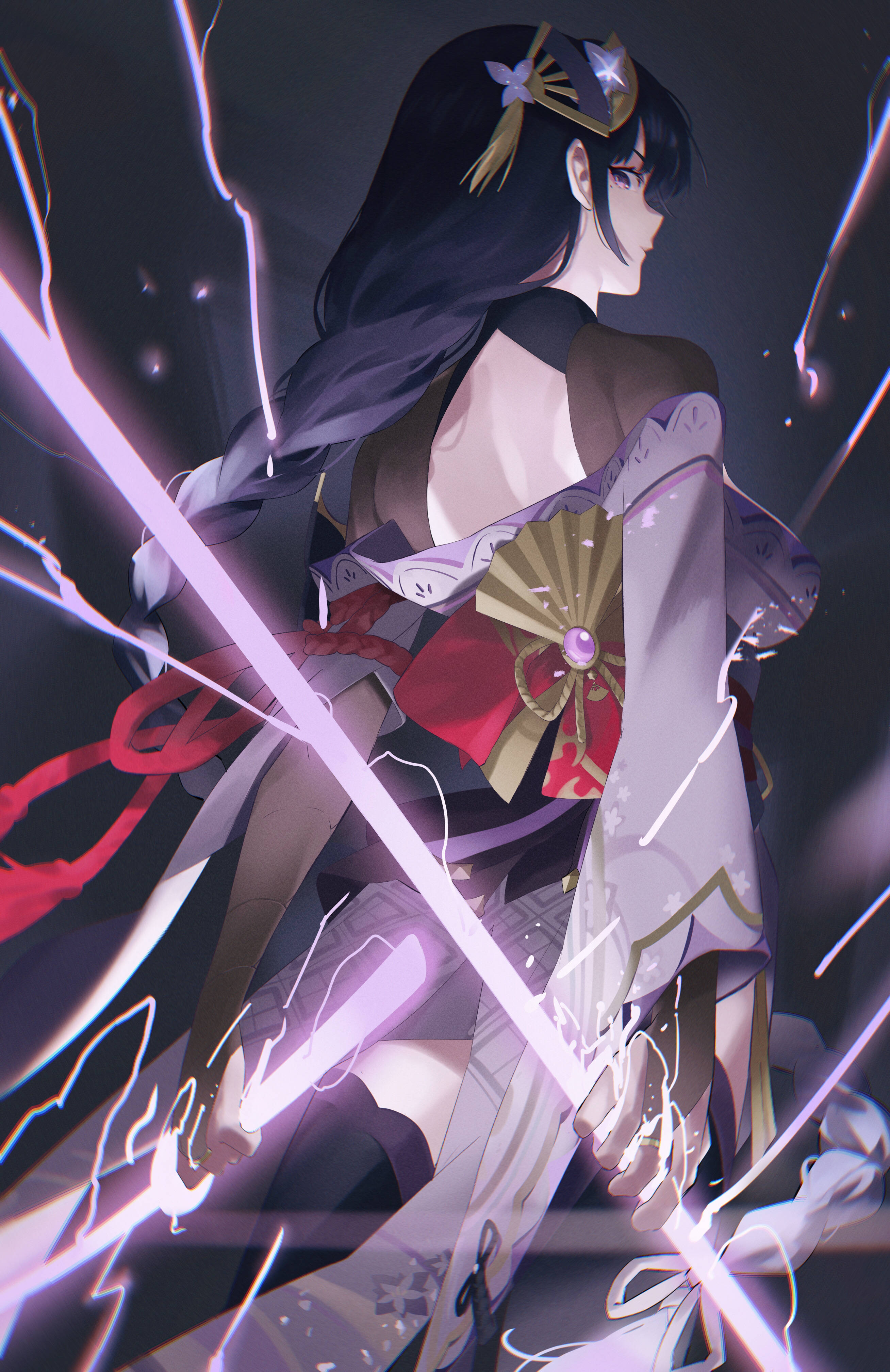 Genshin Impact, Raiden Shogun, glowing purple lightning, 4K Phone Wallpaper